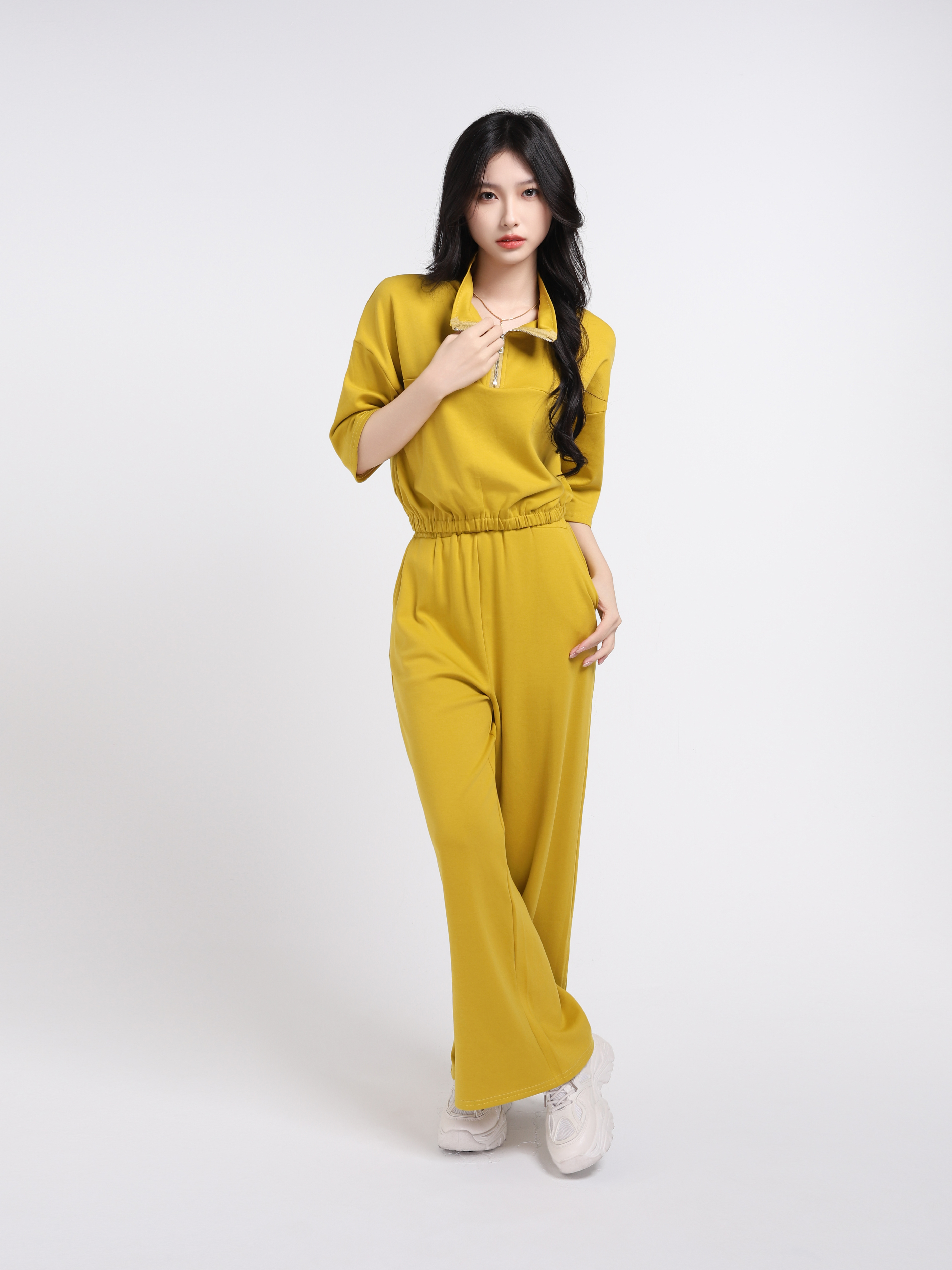 Turtle Neck Front Zip Elastic Waist Long Sleeve With Pants Set 18034