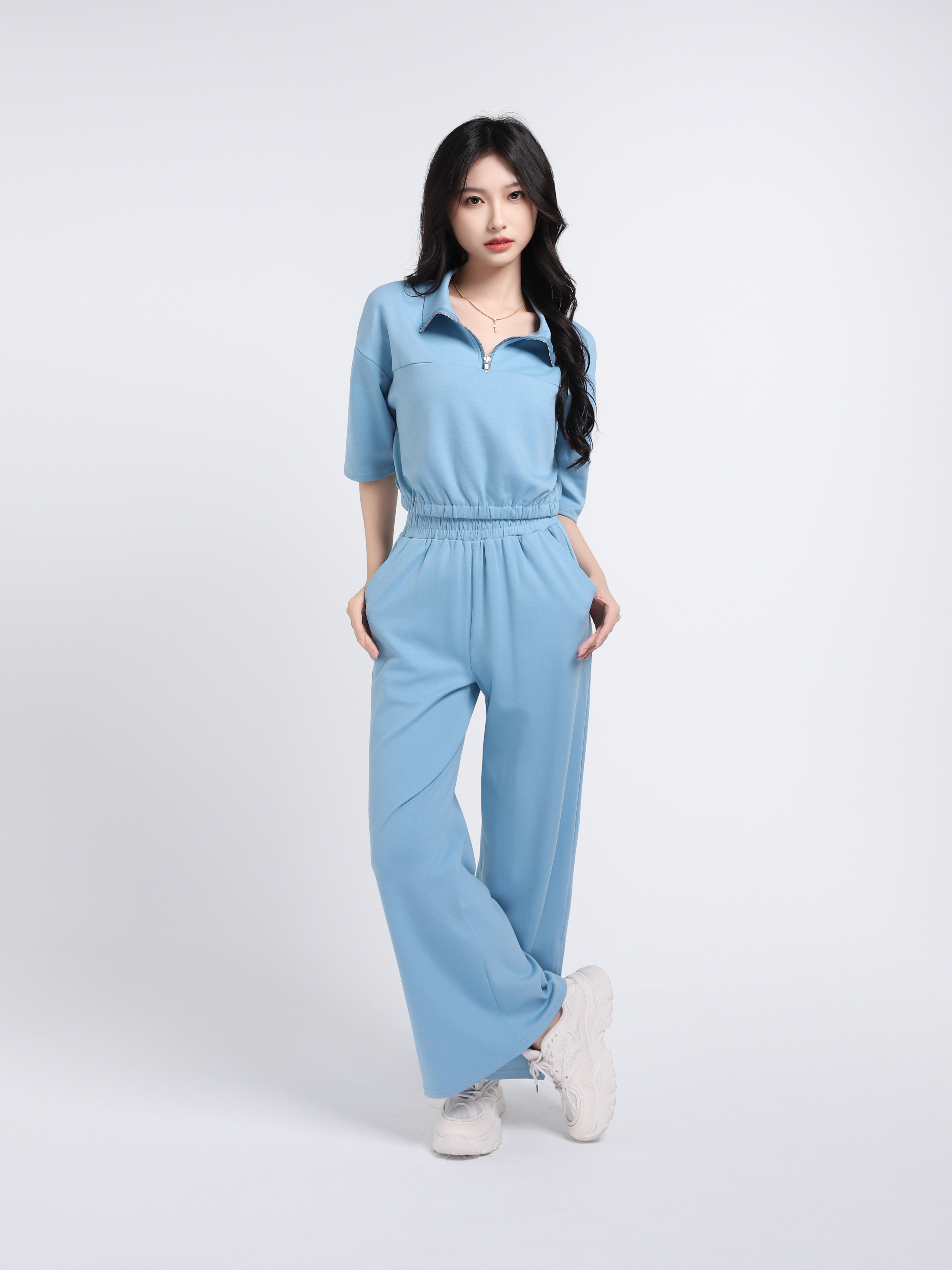 Turtle Neck Front Zip Elastic Waist Long Sleeve With Pants Set 18034