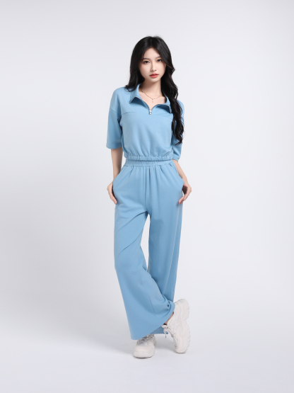 Turtle Neck Front Zip Elastic Waist Long Sleeve With Pants Set 18034