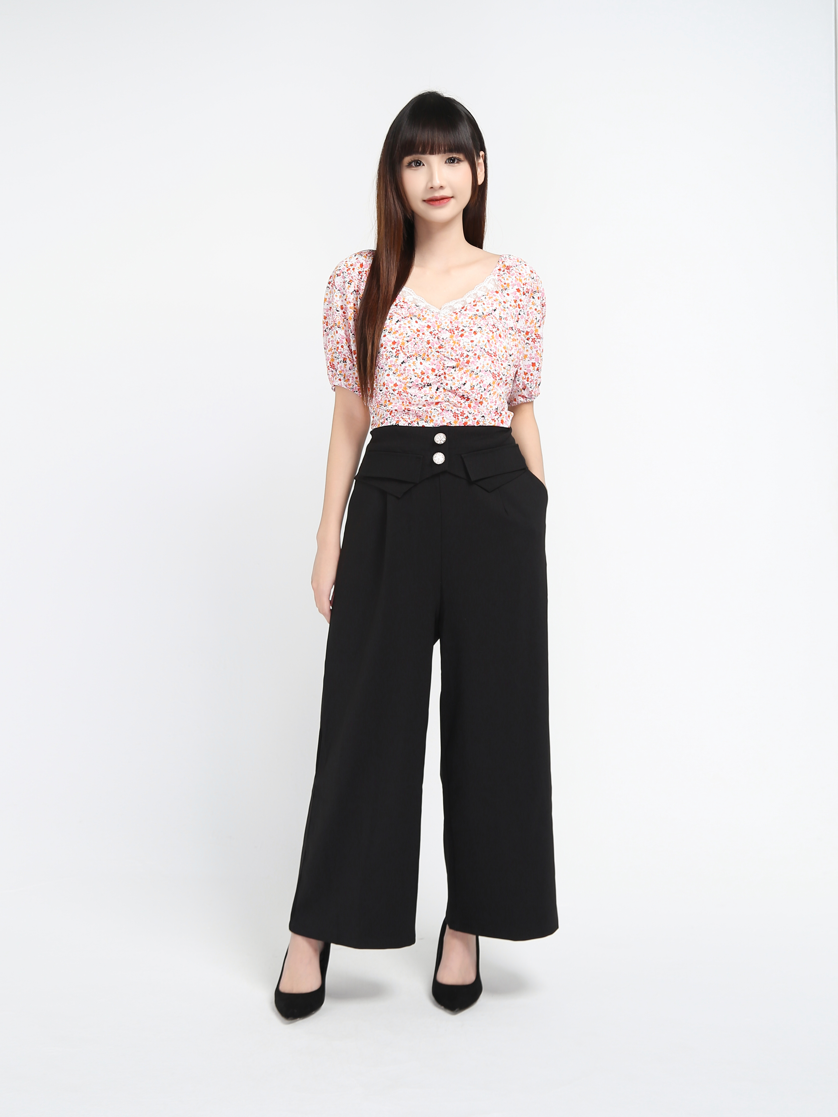 Two Tones Off Shoulder Fake Button Front Pocket Jumpsuit 18049