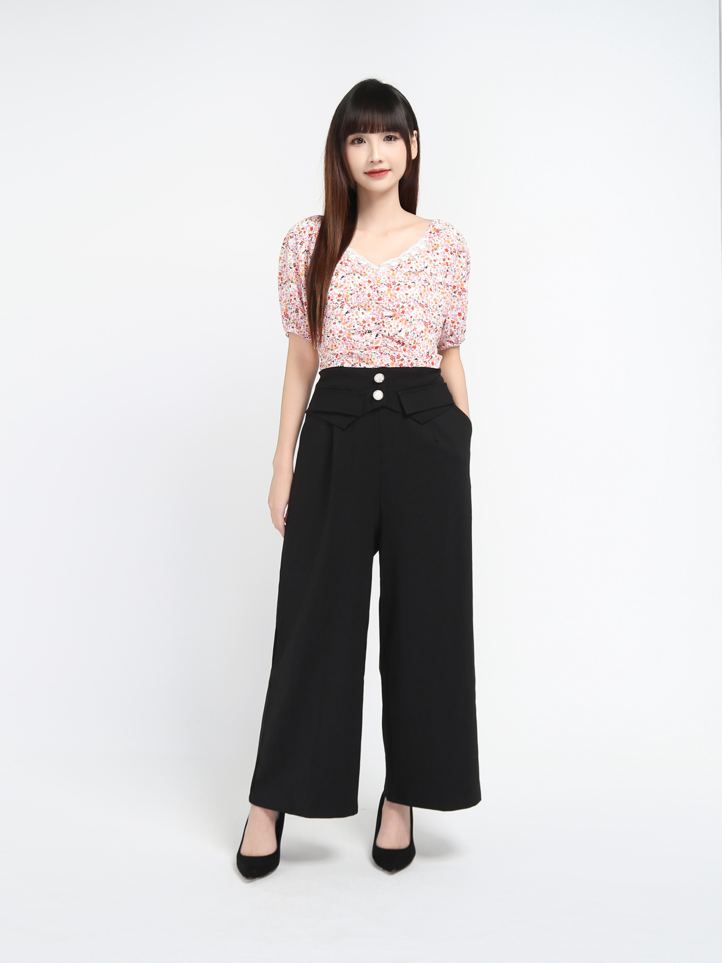 Two Tones Off Shoulder Fake Button Front Pocket Jumpsuit 18049