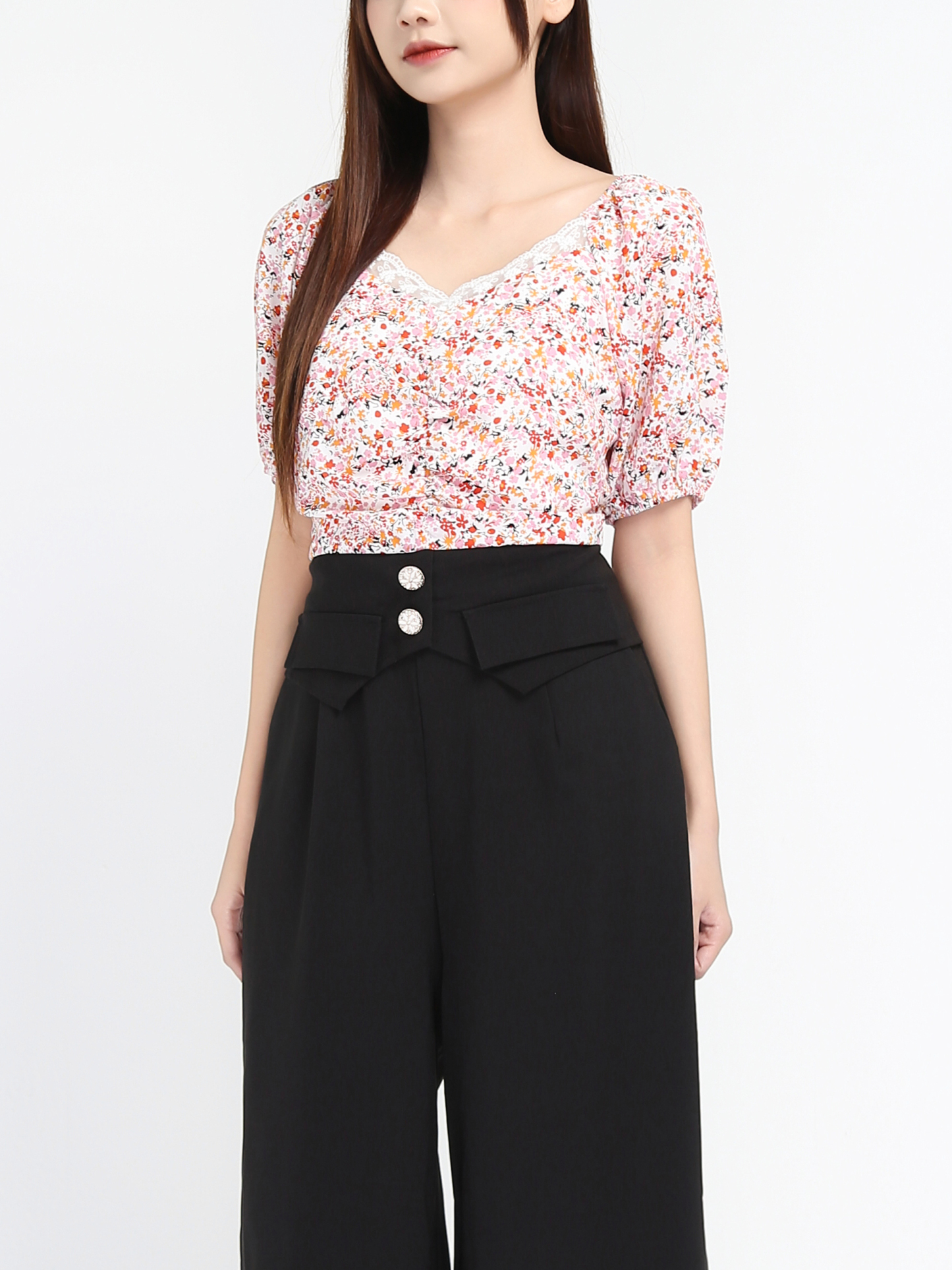 Two Tones Off Shoulder Fake Button Front Pocket Jumpsuit 18049