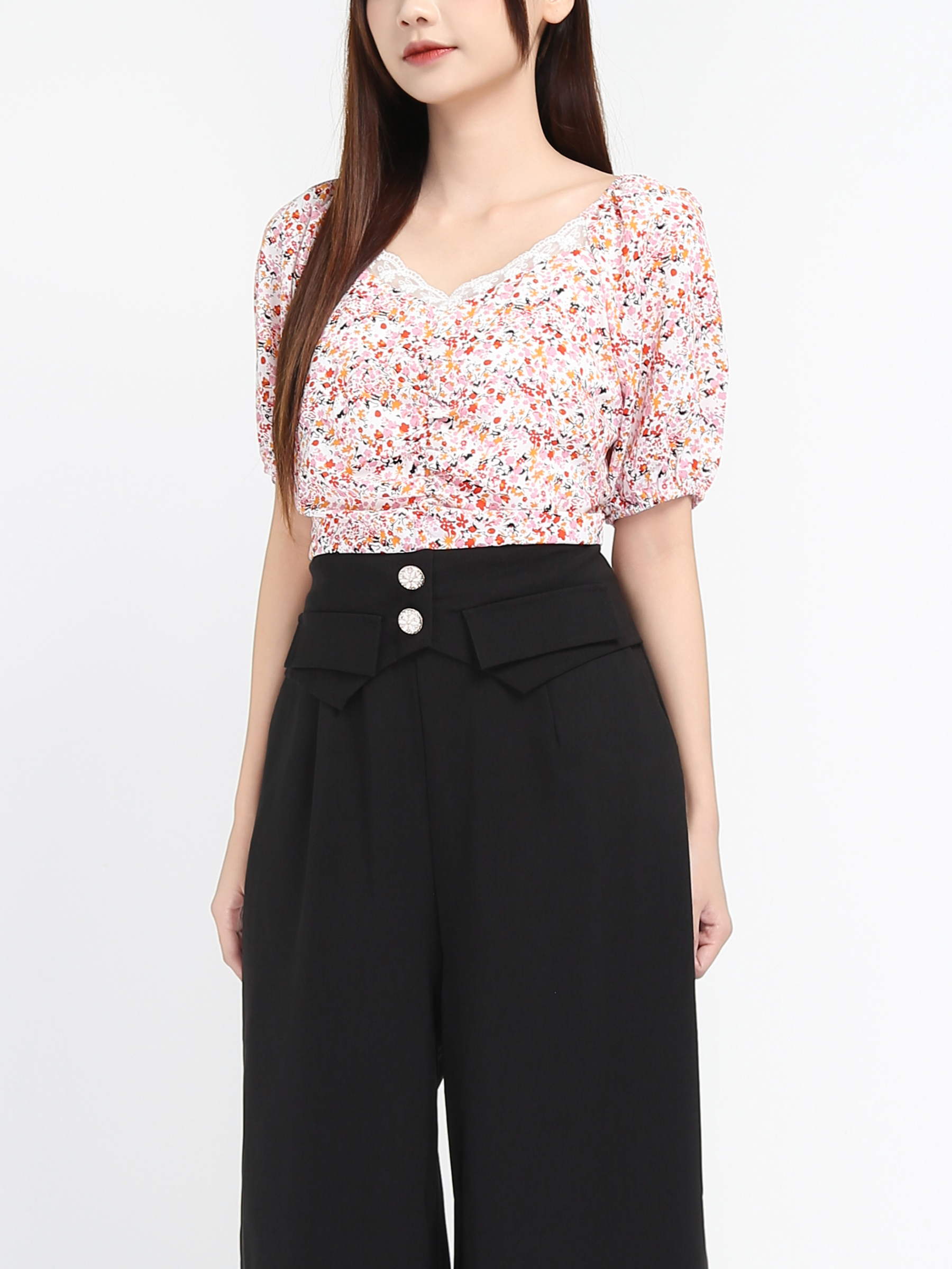 Two Tones Off Shoulder Fake Button Front Pocket Jumpsuit 18049