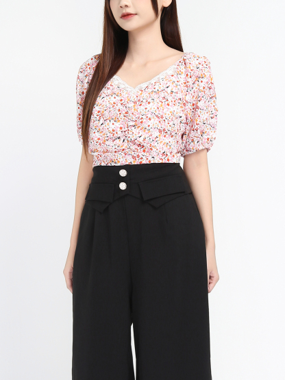 Two Tones Off Shoulder Fake Button Front Pocket Jumpsuit 18049