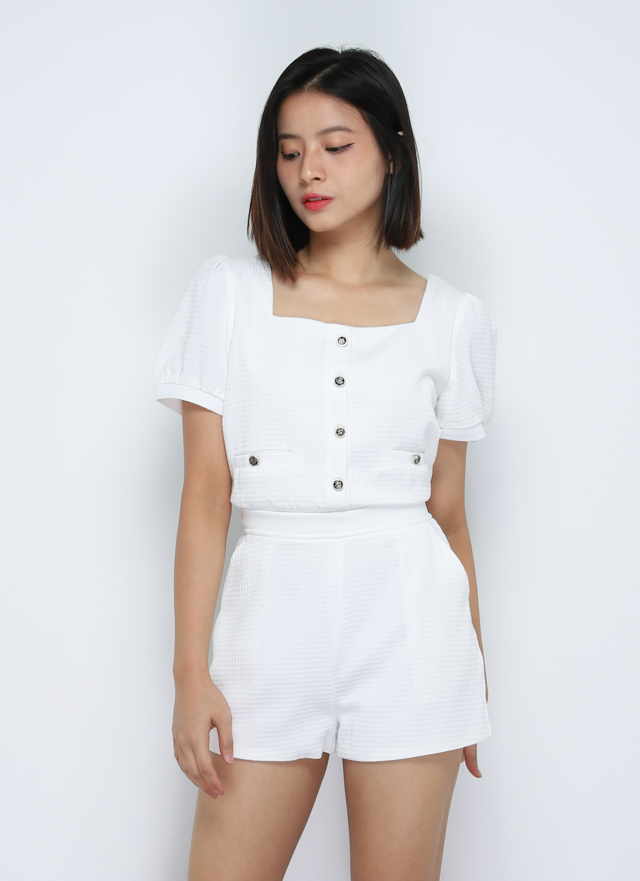 Puff Sleeve Square Neck Breasted Set 18887