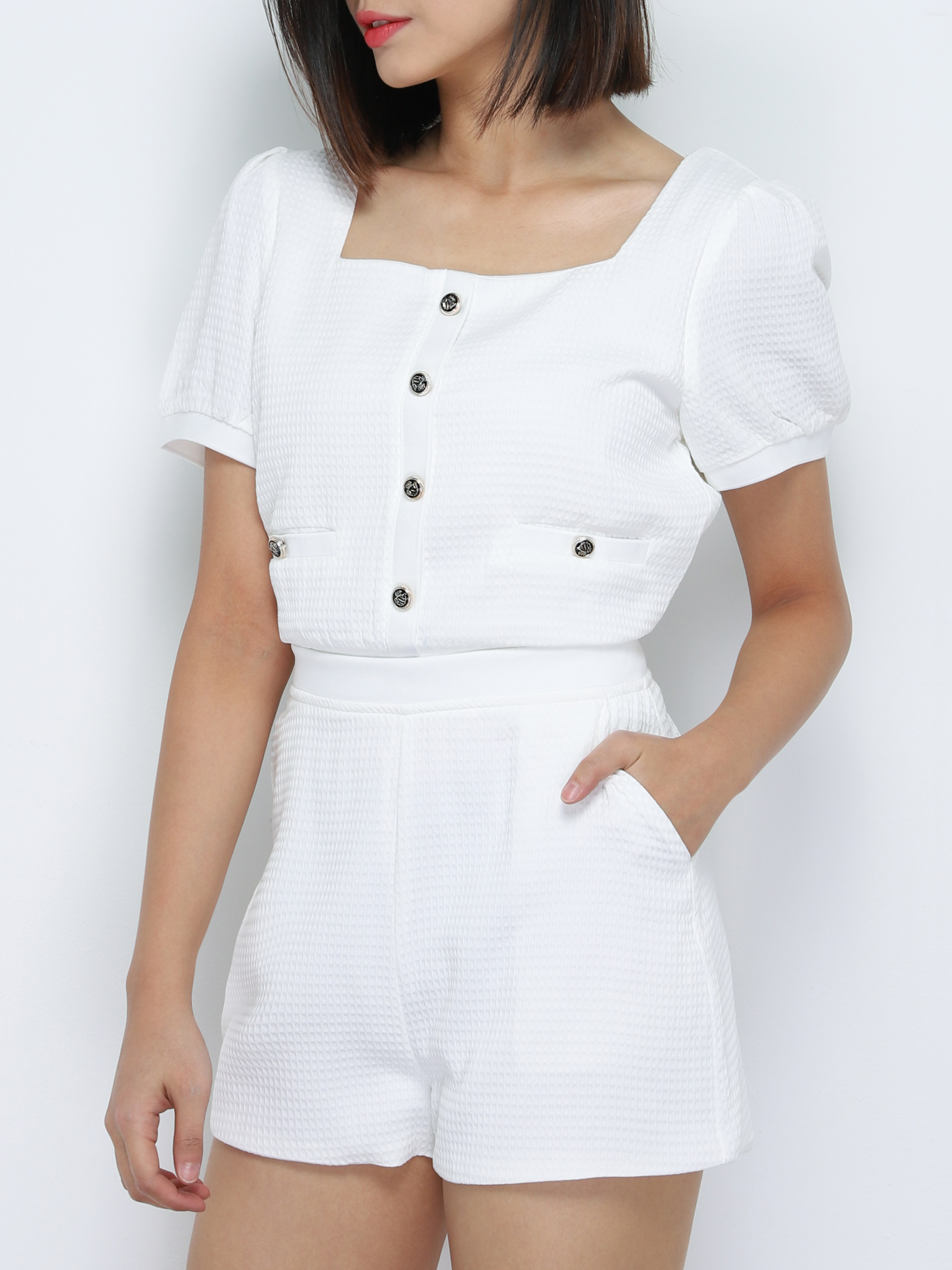 Puff Sleeve Square Neck Breasted Set 18887