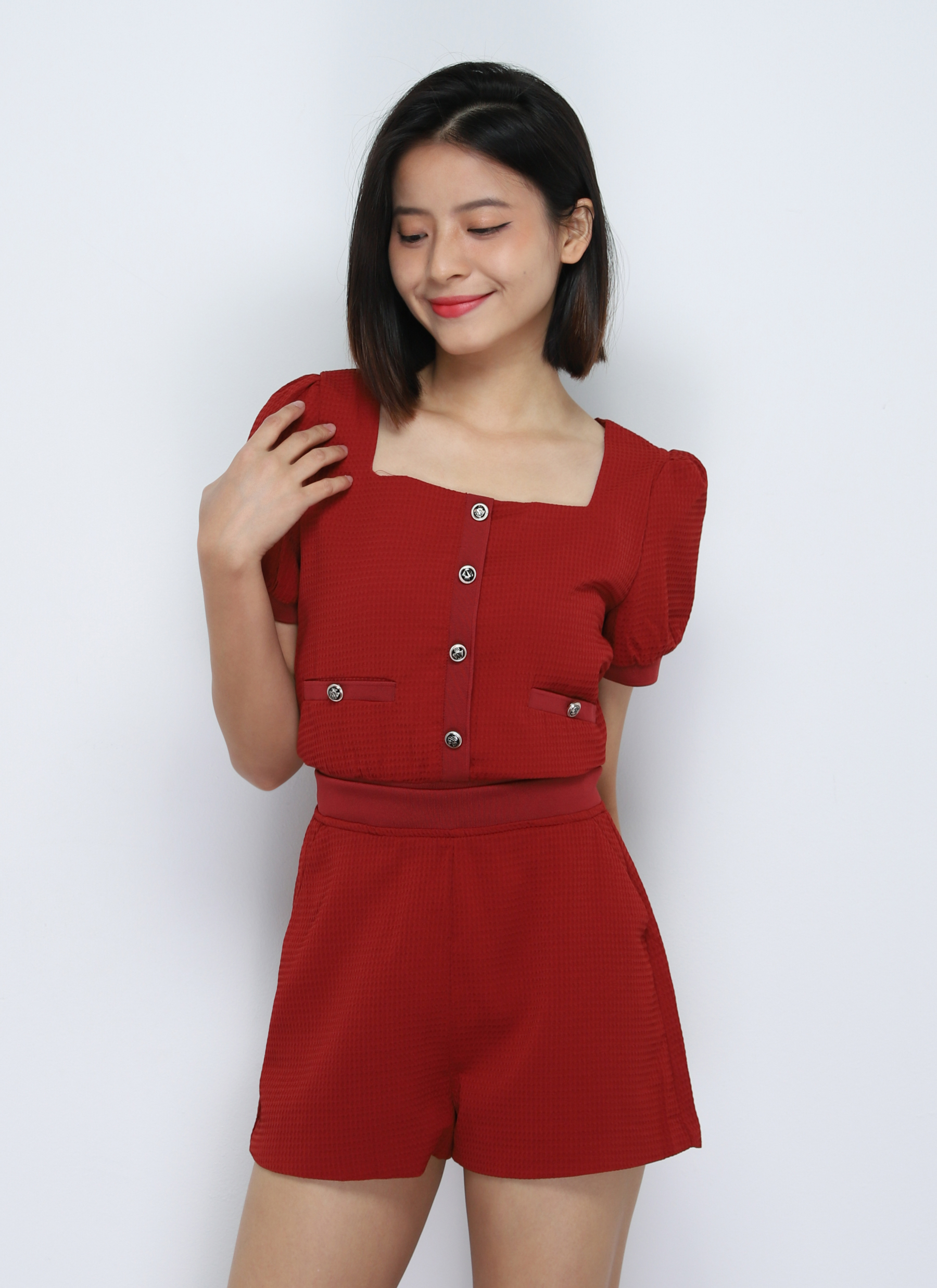 Puff Sleeve Square Neck Breasted Set 18887