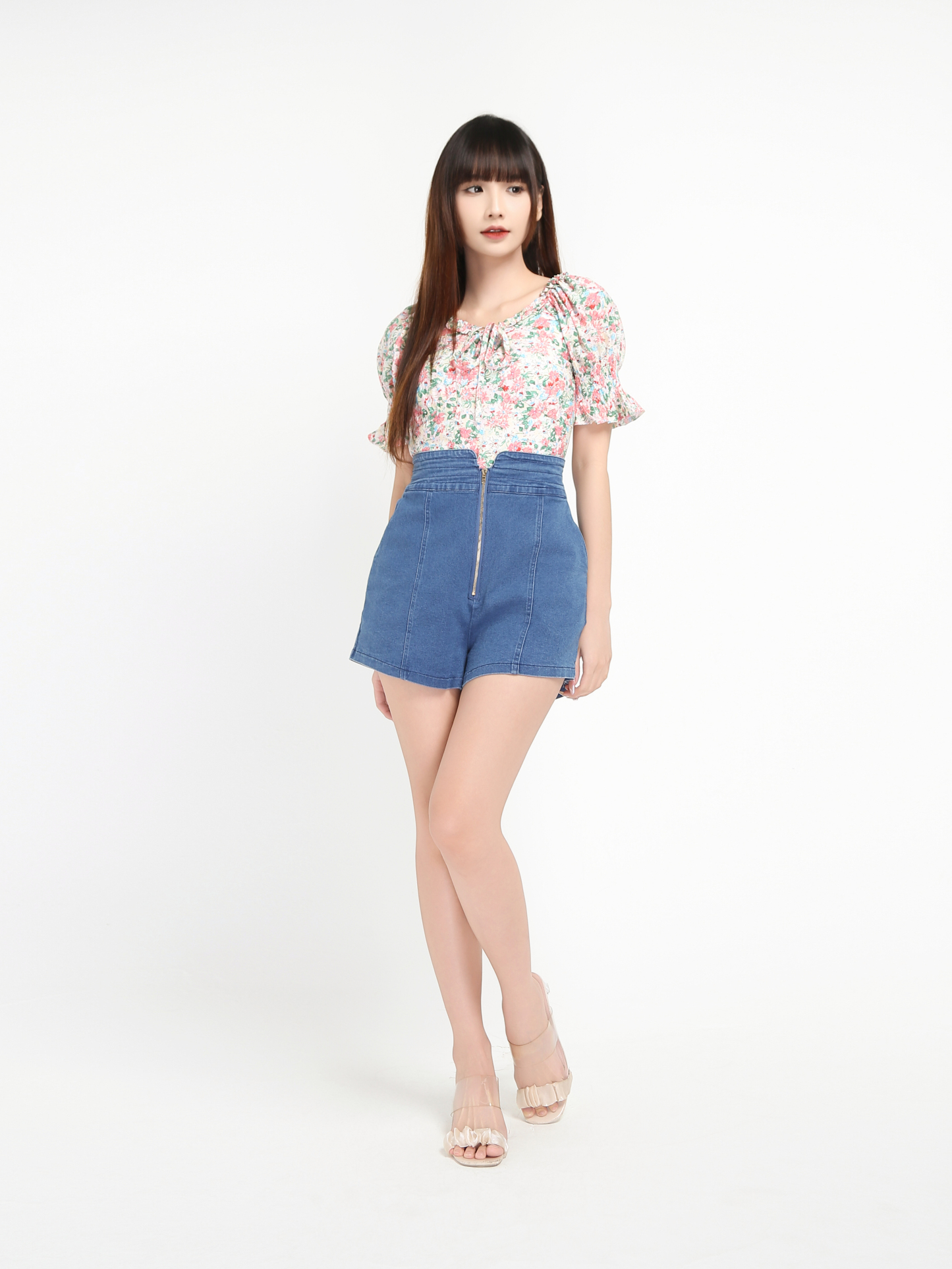 Floral With Denim Front Zip Pants Set 19021