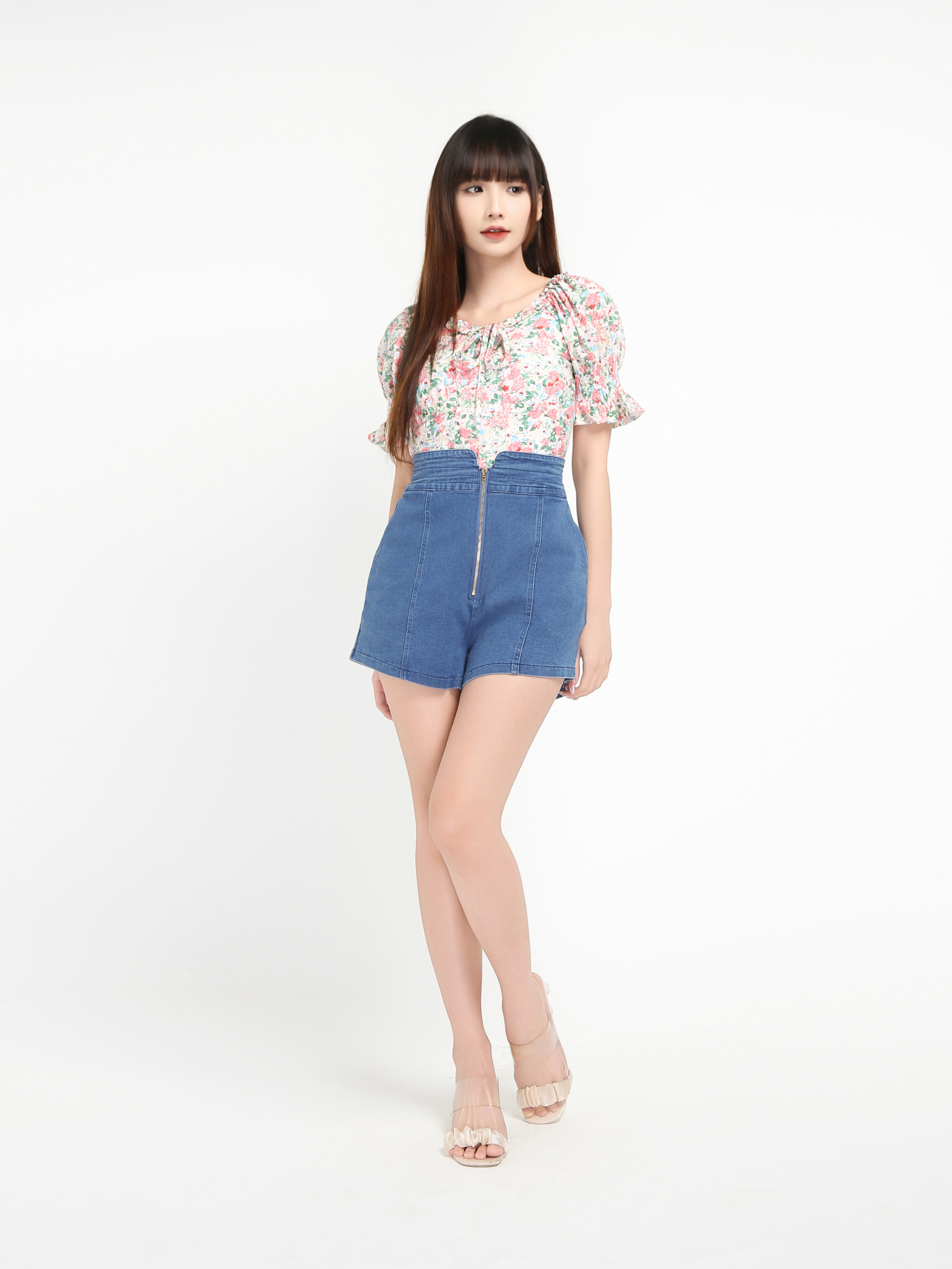 Floral With Denim Front Zip Pants Set 19021