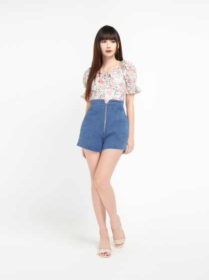 Floral With Denim Front Zip Pants Set 19021