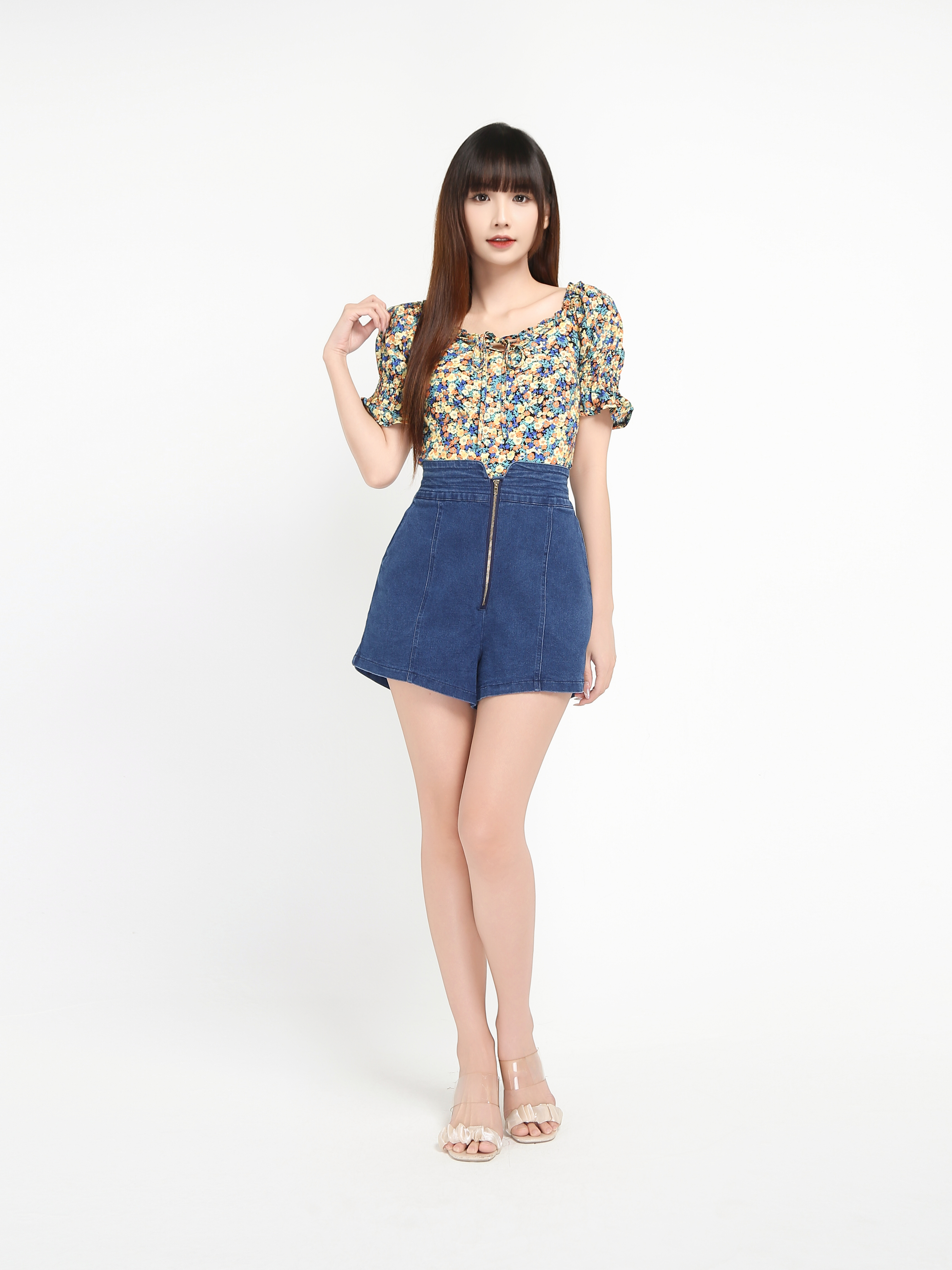 Floral With Denim Front Zip Pants Set 19021