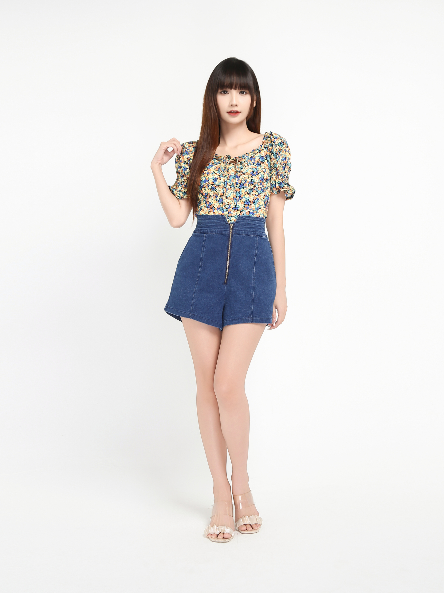 Floral With Denim Front Zip Pants Set 19021