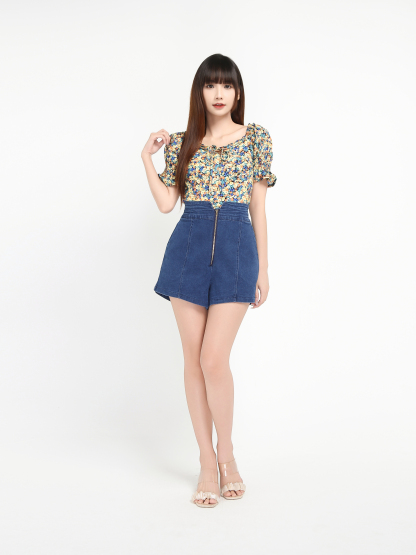 Floral With Denim Front Zip Pants Set 19021