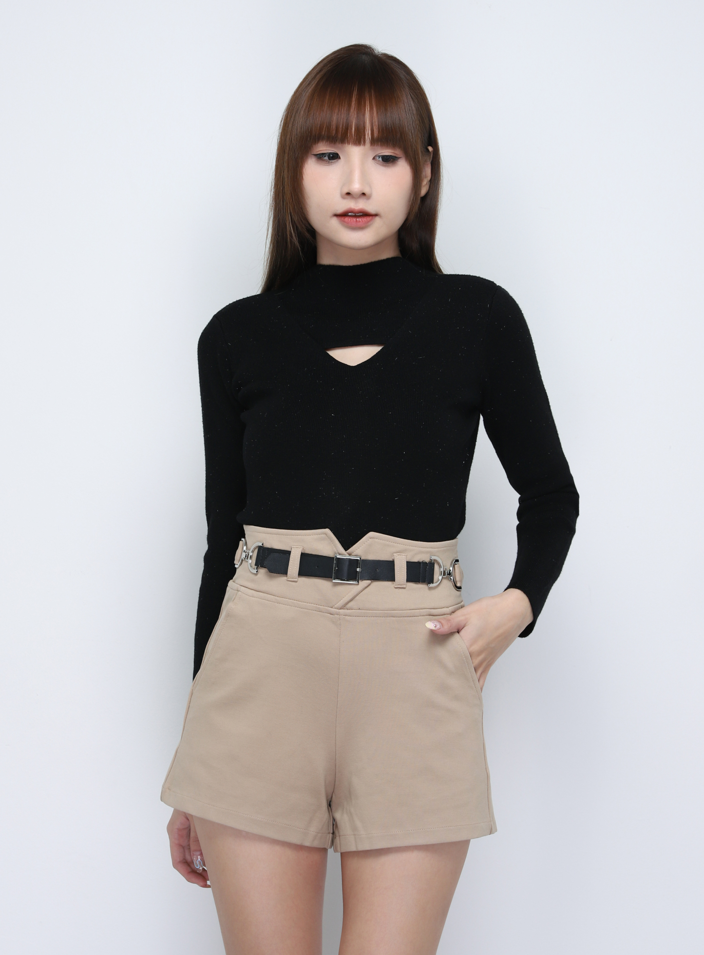 High Waist Side Pocket With Belt Short Pants 19289
