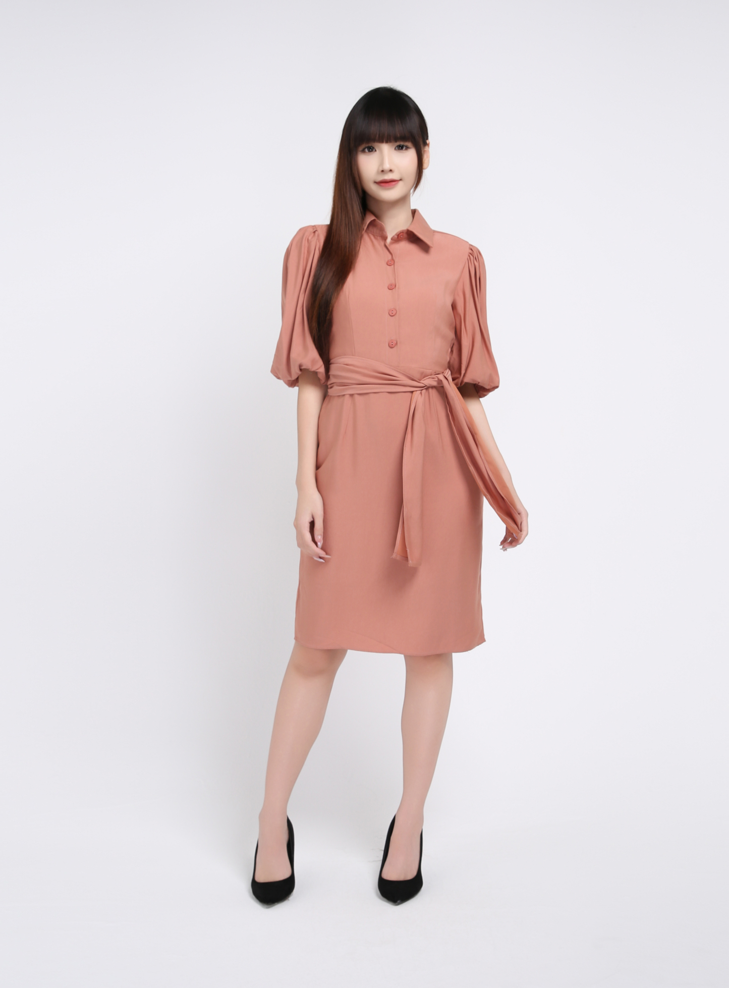 Collar Puff Sleeve With Belt Dress 19381