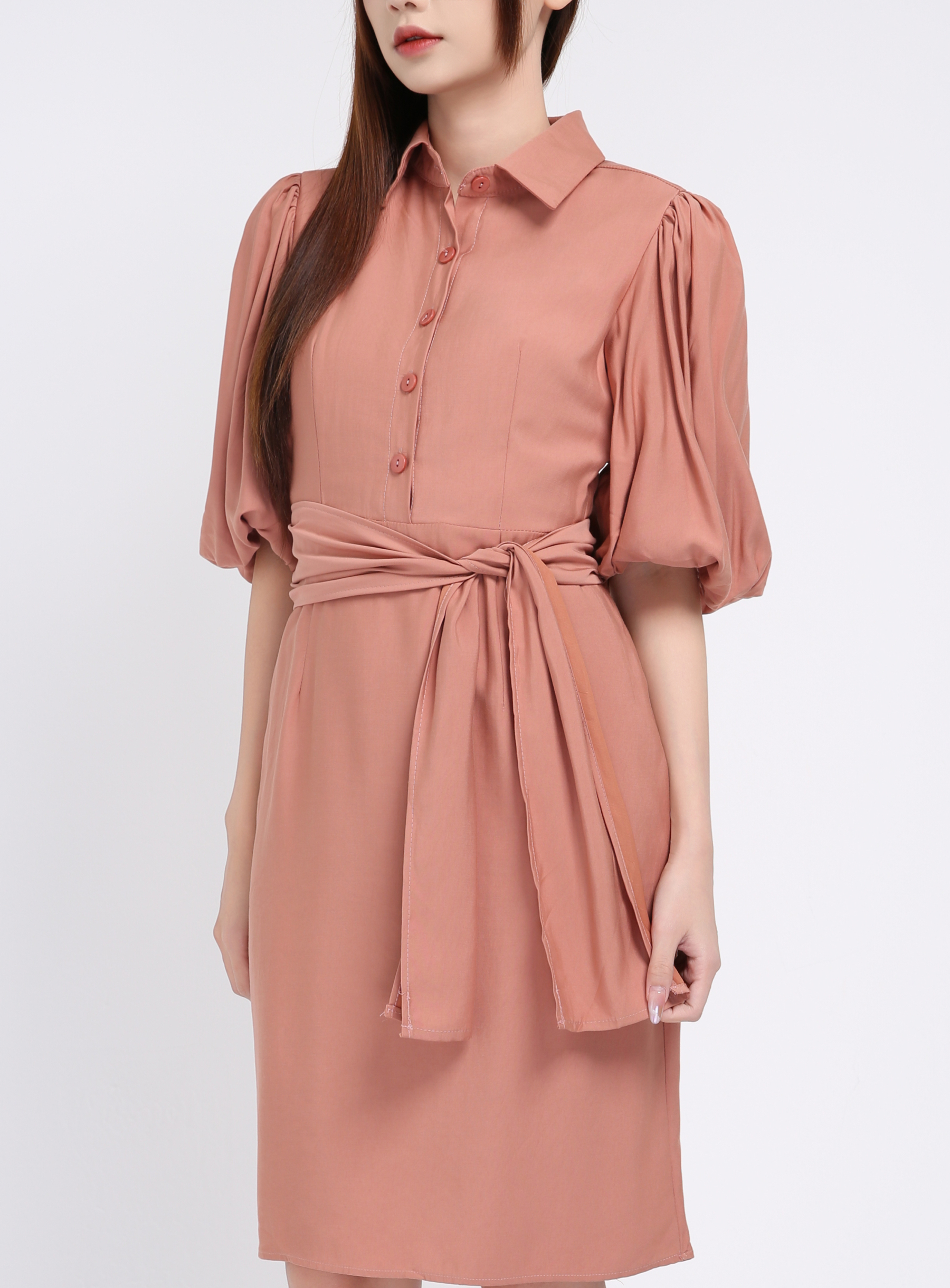 Collar Puff Sleeve With Belt Dress 19381