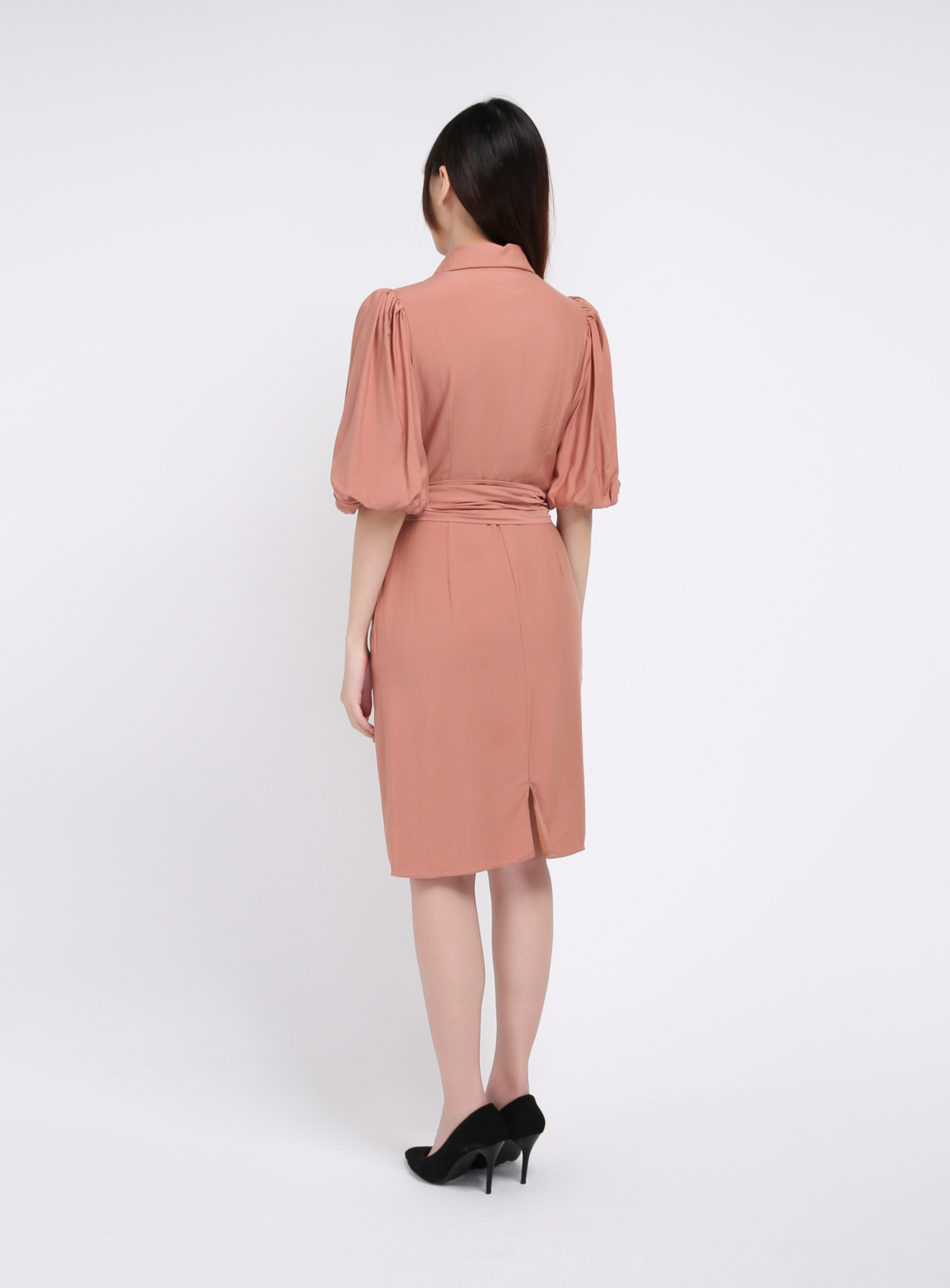 Collar Puff Sleeve With Belt Dress 19381