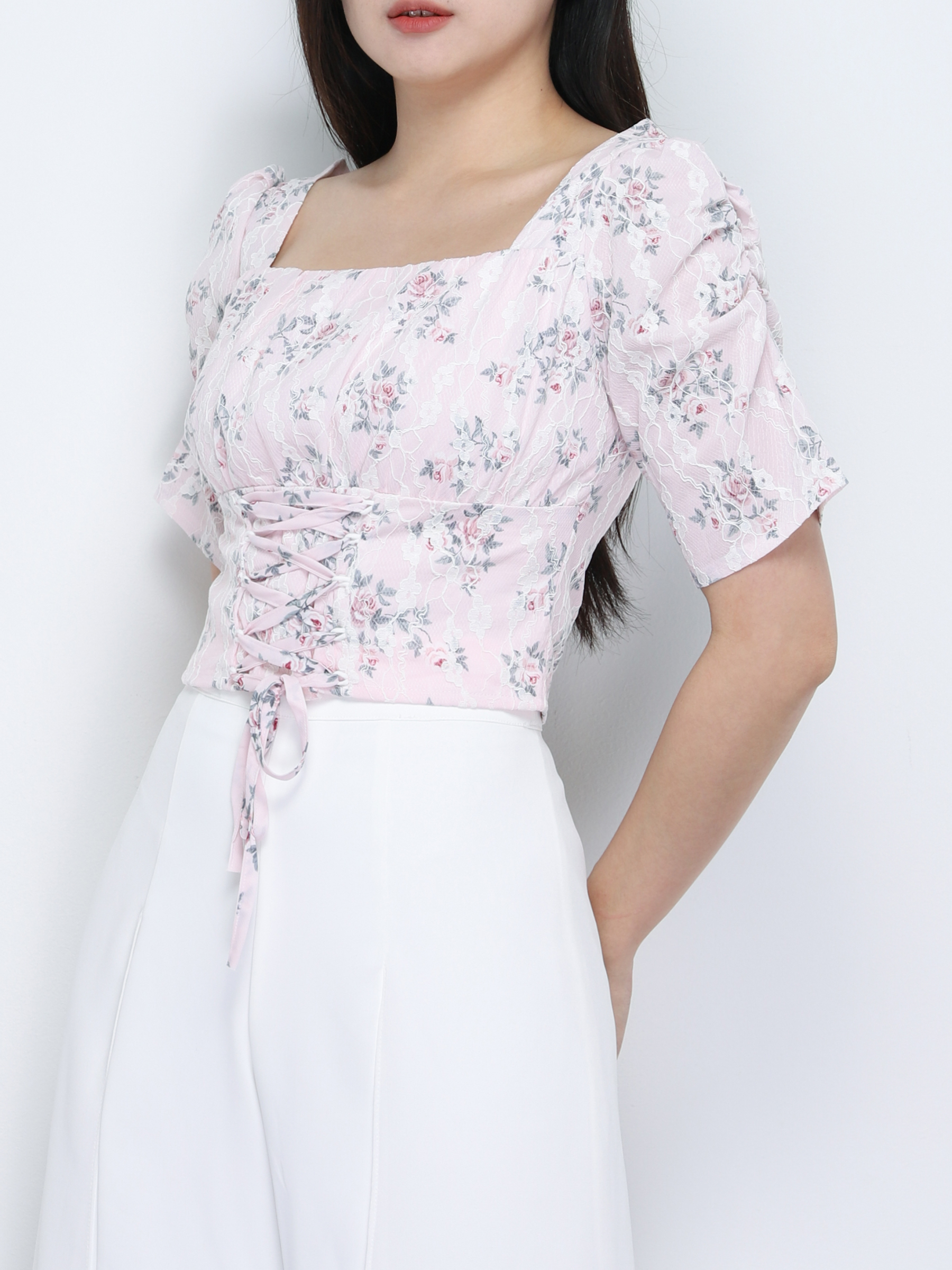 Floral Square Neck Tie Up Top 19534