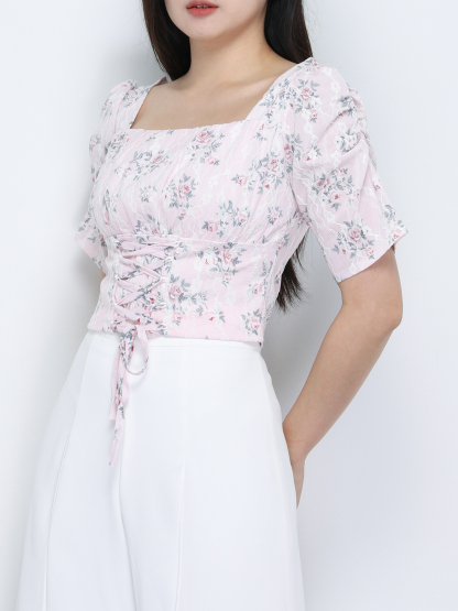 Floral Square Neck Tie Up Top 19534