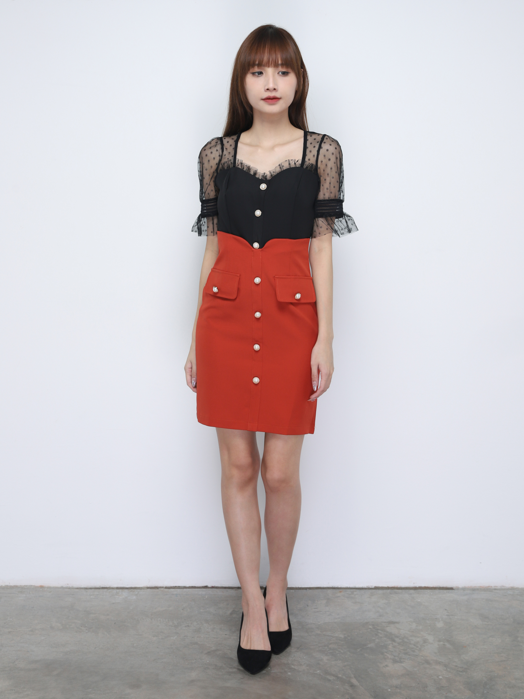 Two Tone Front Decorative Button Dress 19546