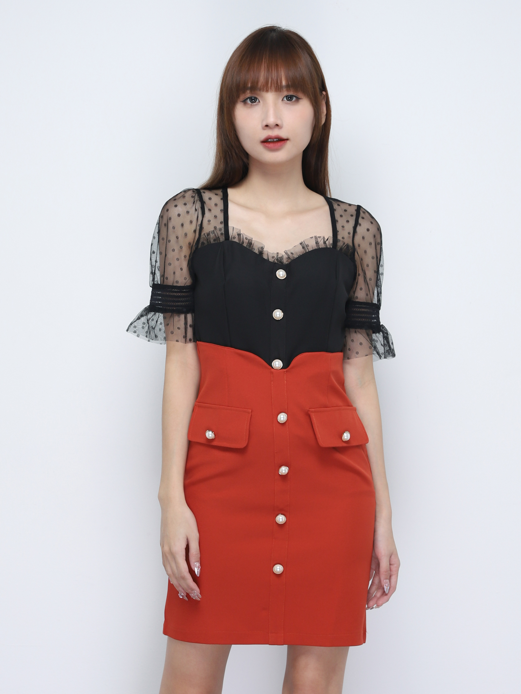 Two Tone Front Decorative Button Dress 19546