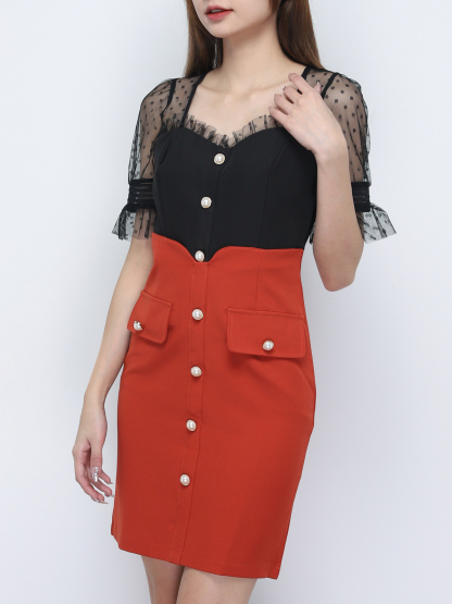 Two Tone Front Decorative Button Dress 19546