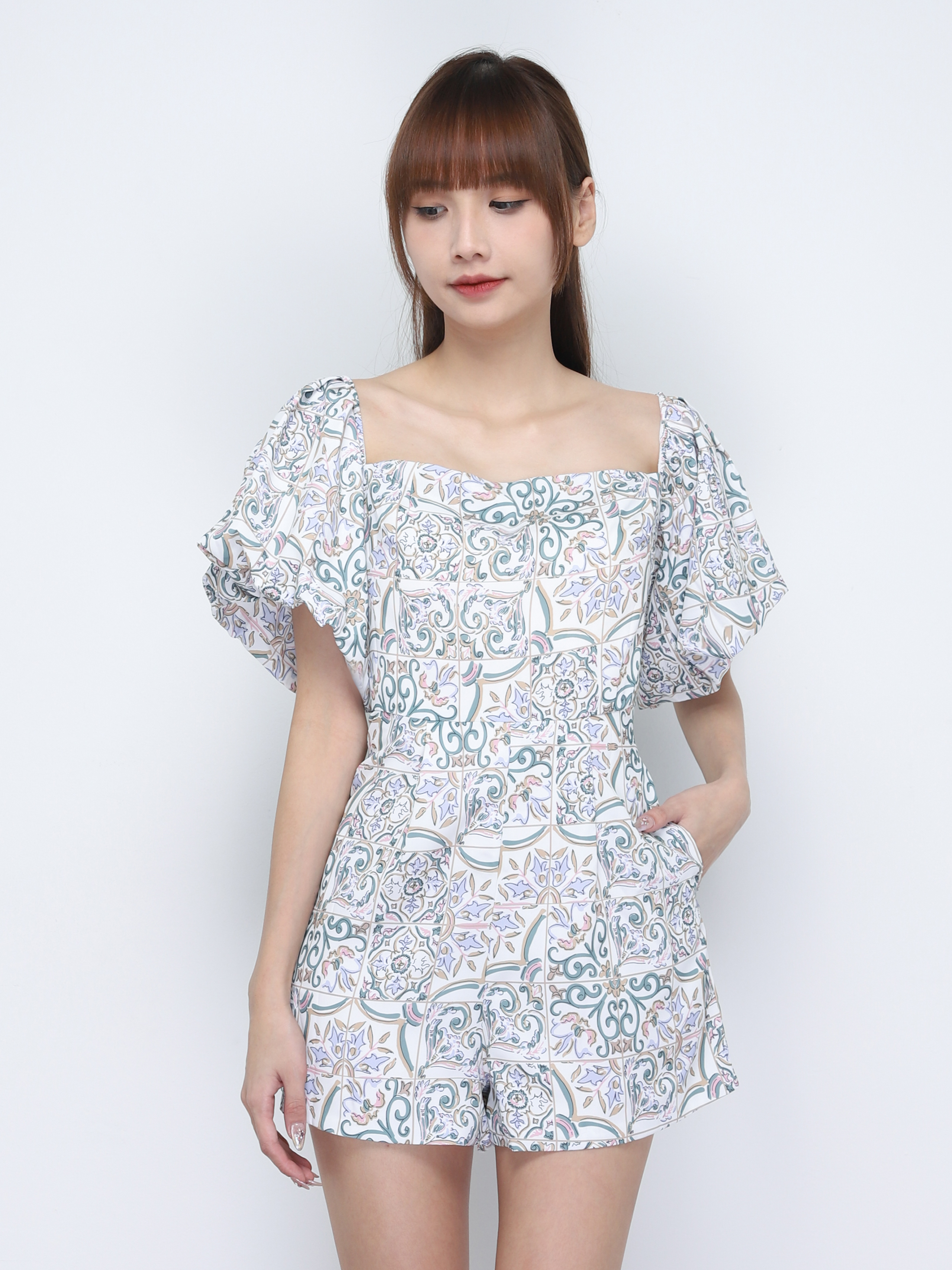 Abstract Puff Sleeve Jumpsuit 19729