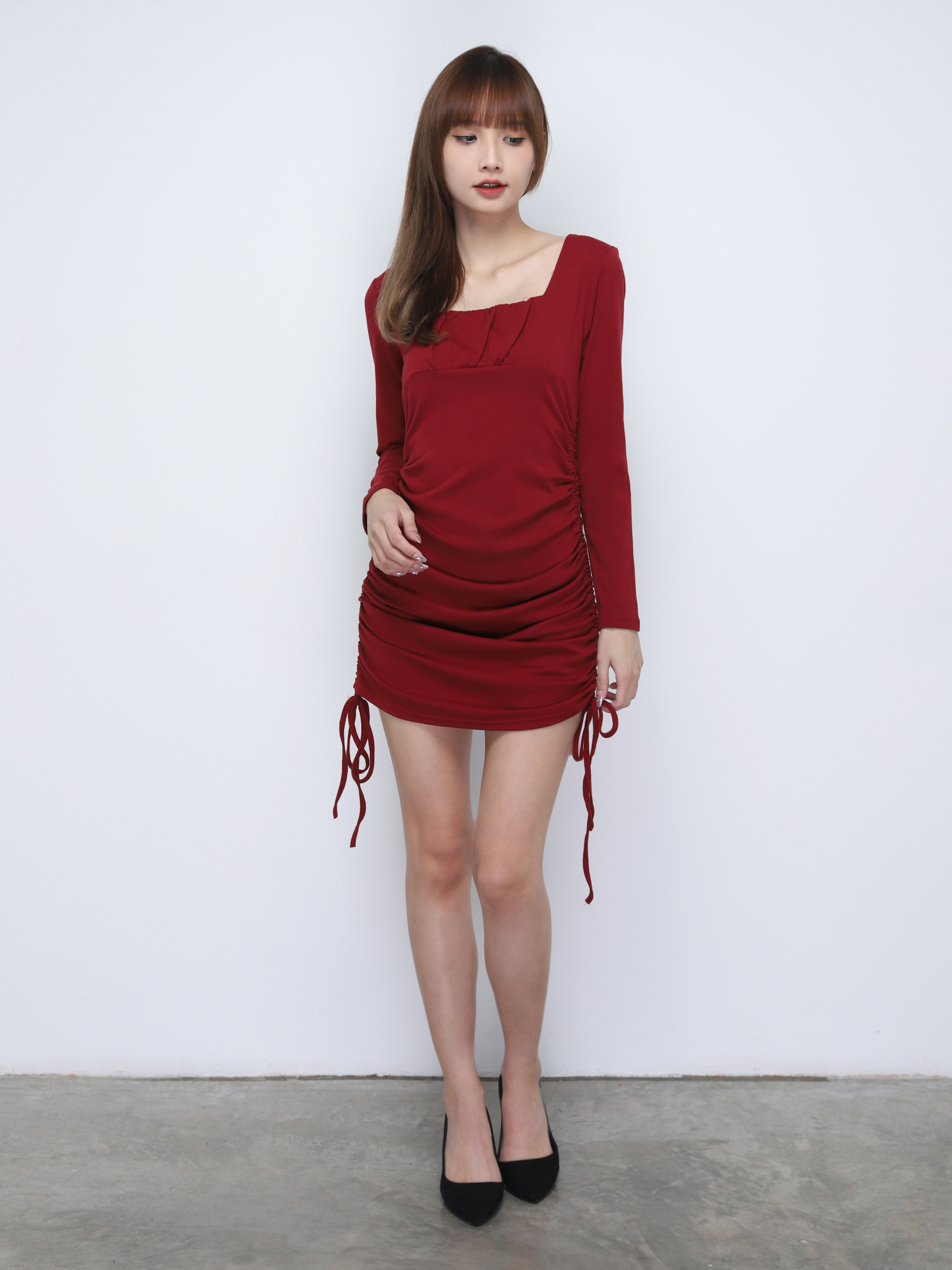 Square Neck Long Sleeve Side Drawstring Dress 19812