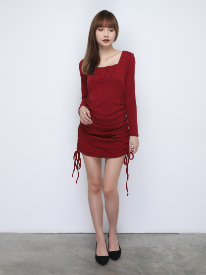 Square Neck Long Sleeve Side Drawstring Dress 19812