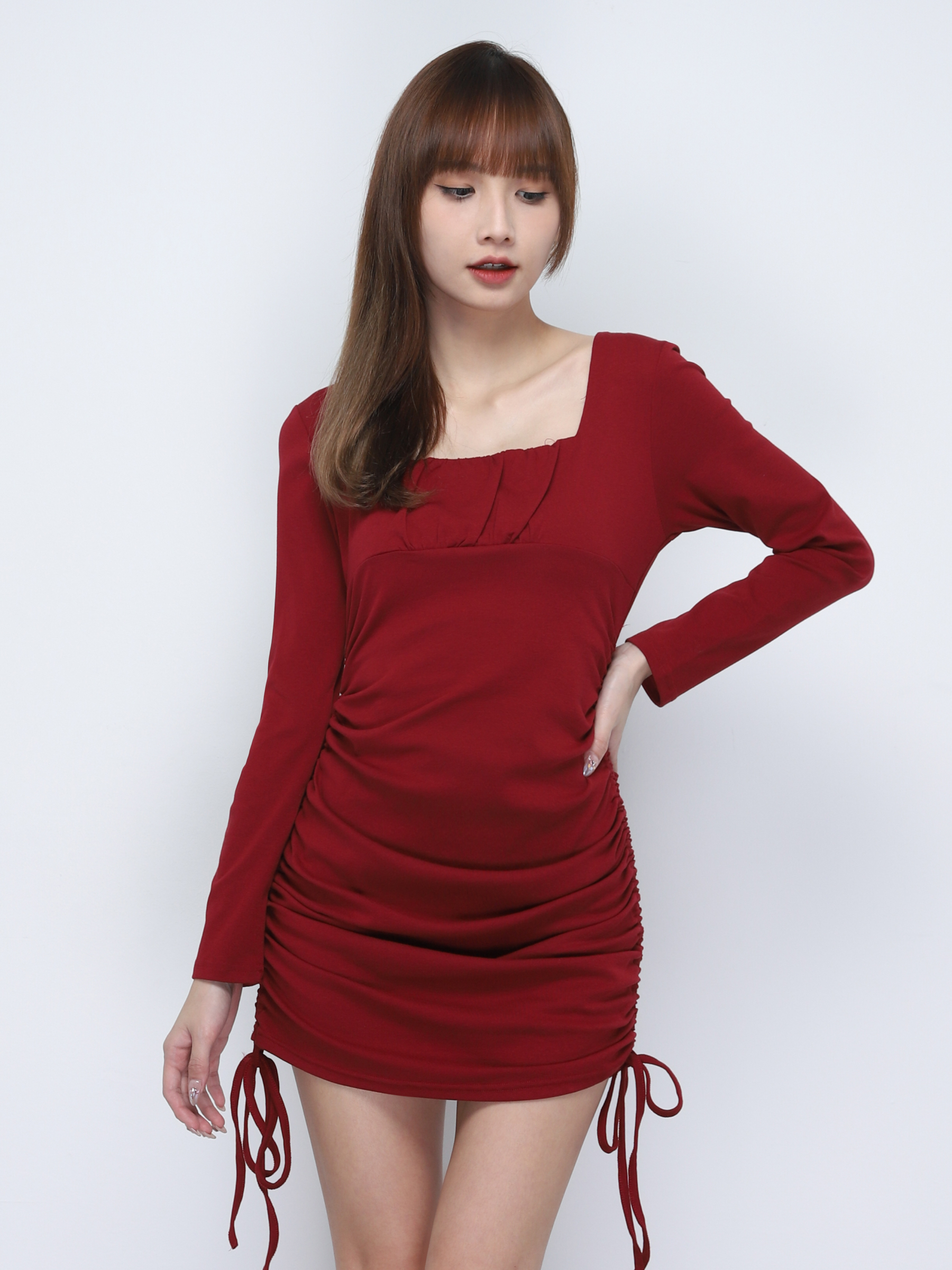 Square Neck Long Sleeve Side Drawstring Dress 19812
