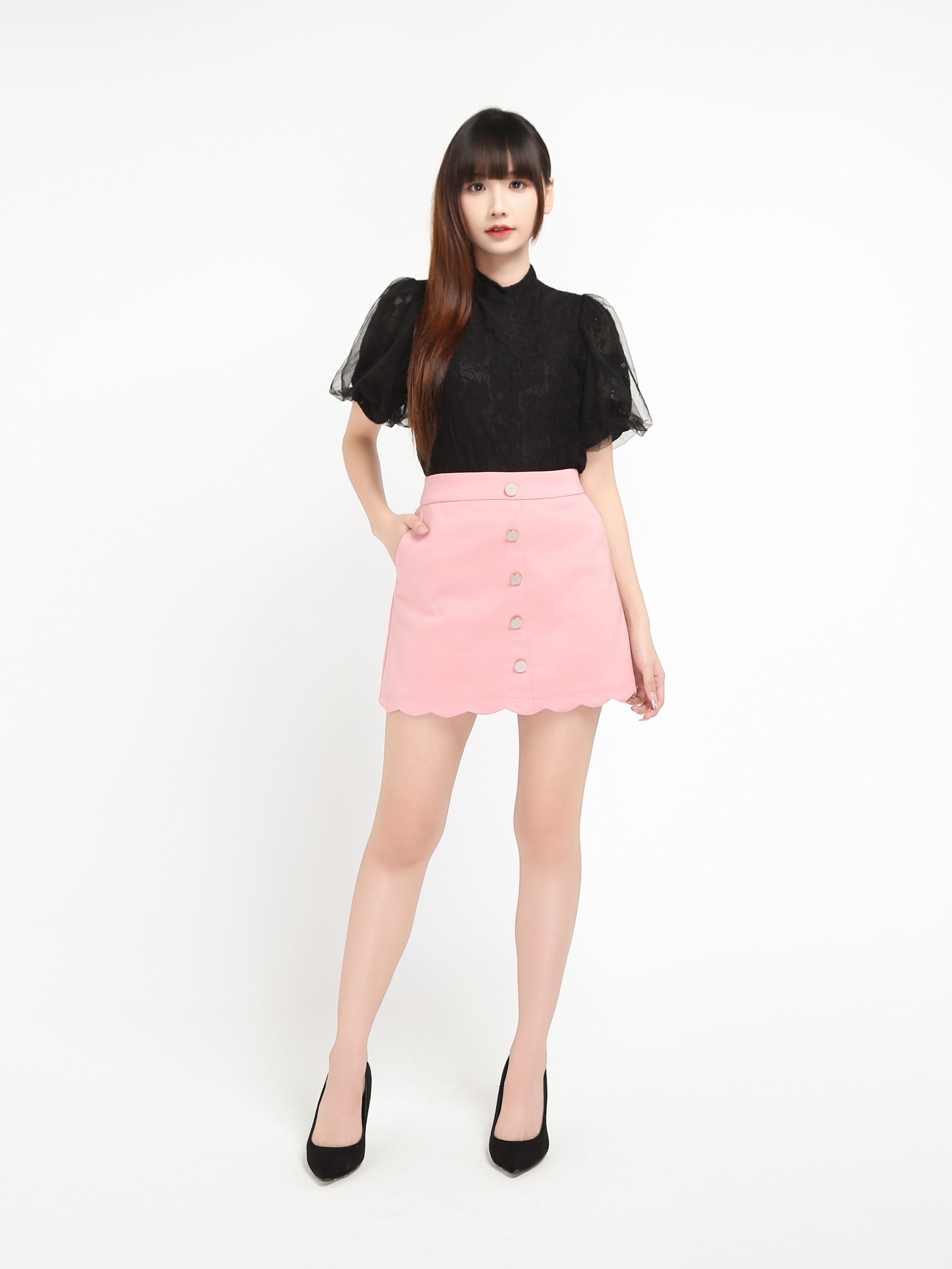 Wave With Front Decorative Button Skirt 19584