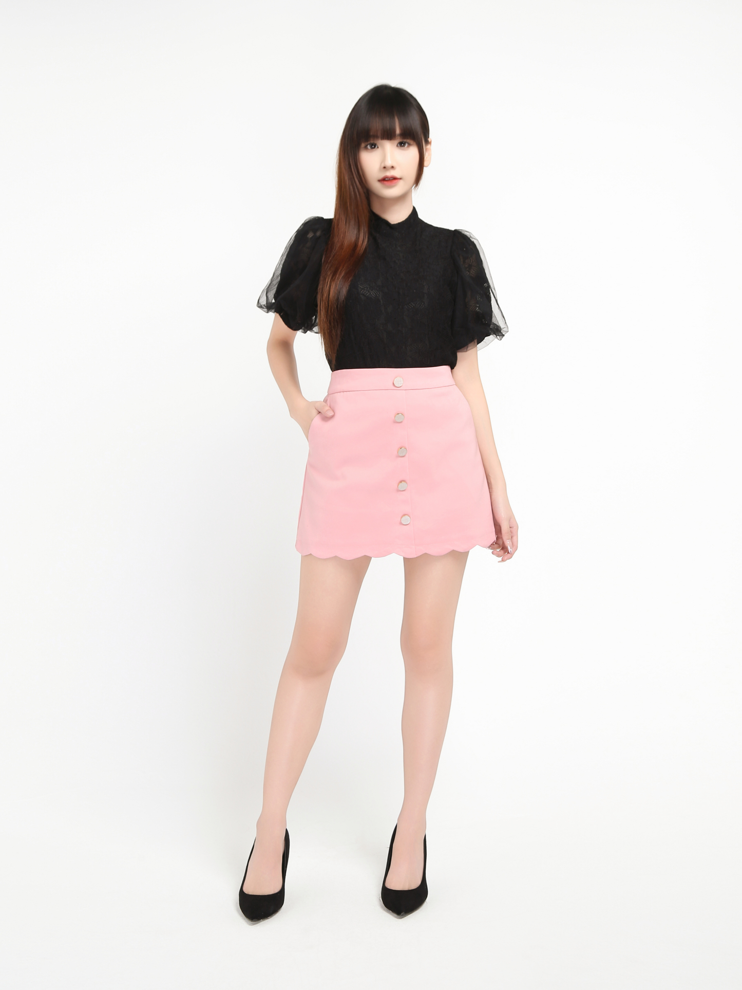 Wave With Front Decorative Button Skirt 19584