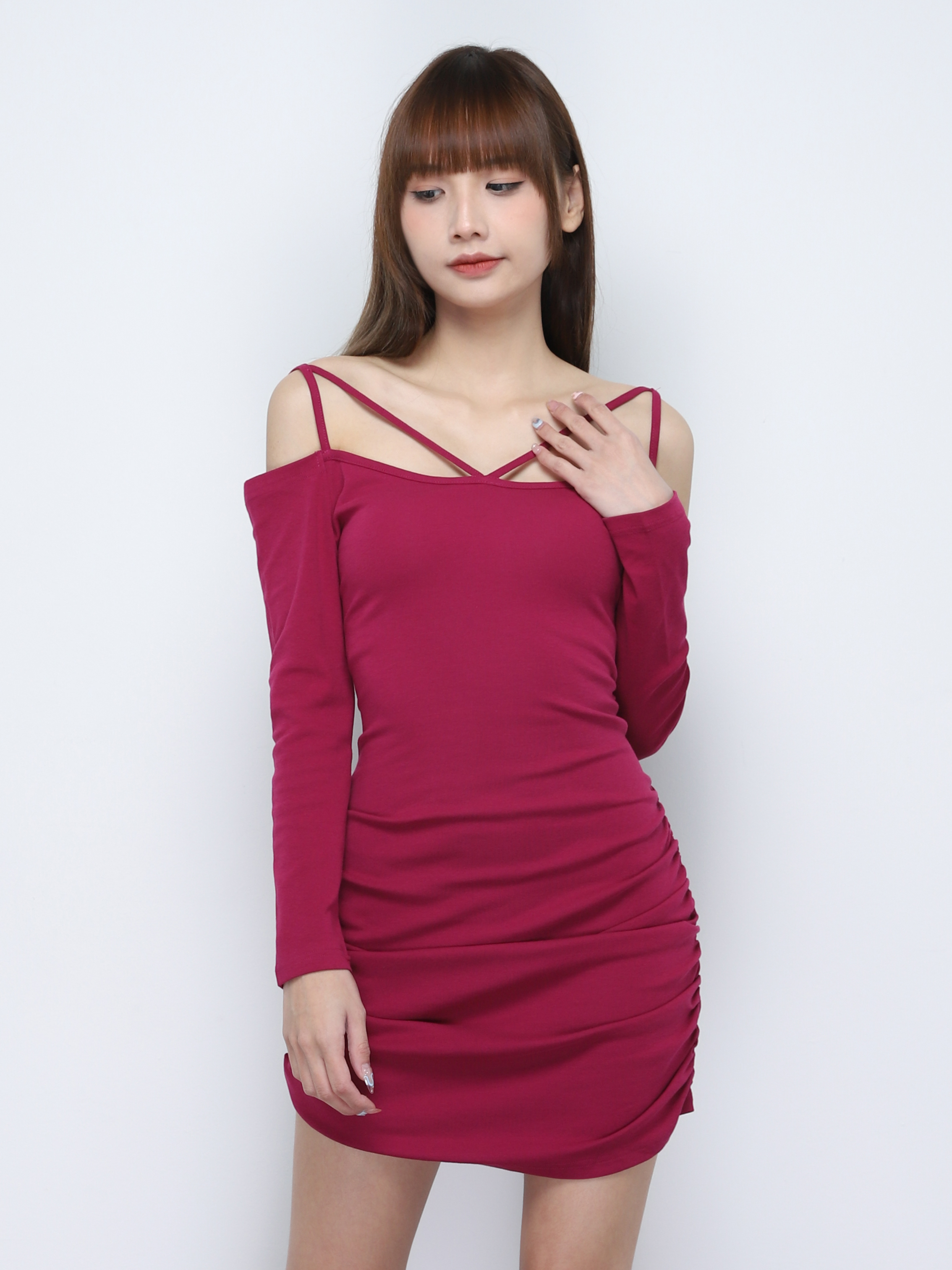 Off Shoulder With Strap And Side Pleated Dress 19960