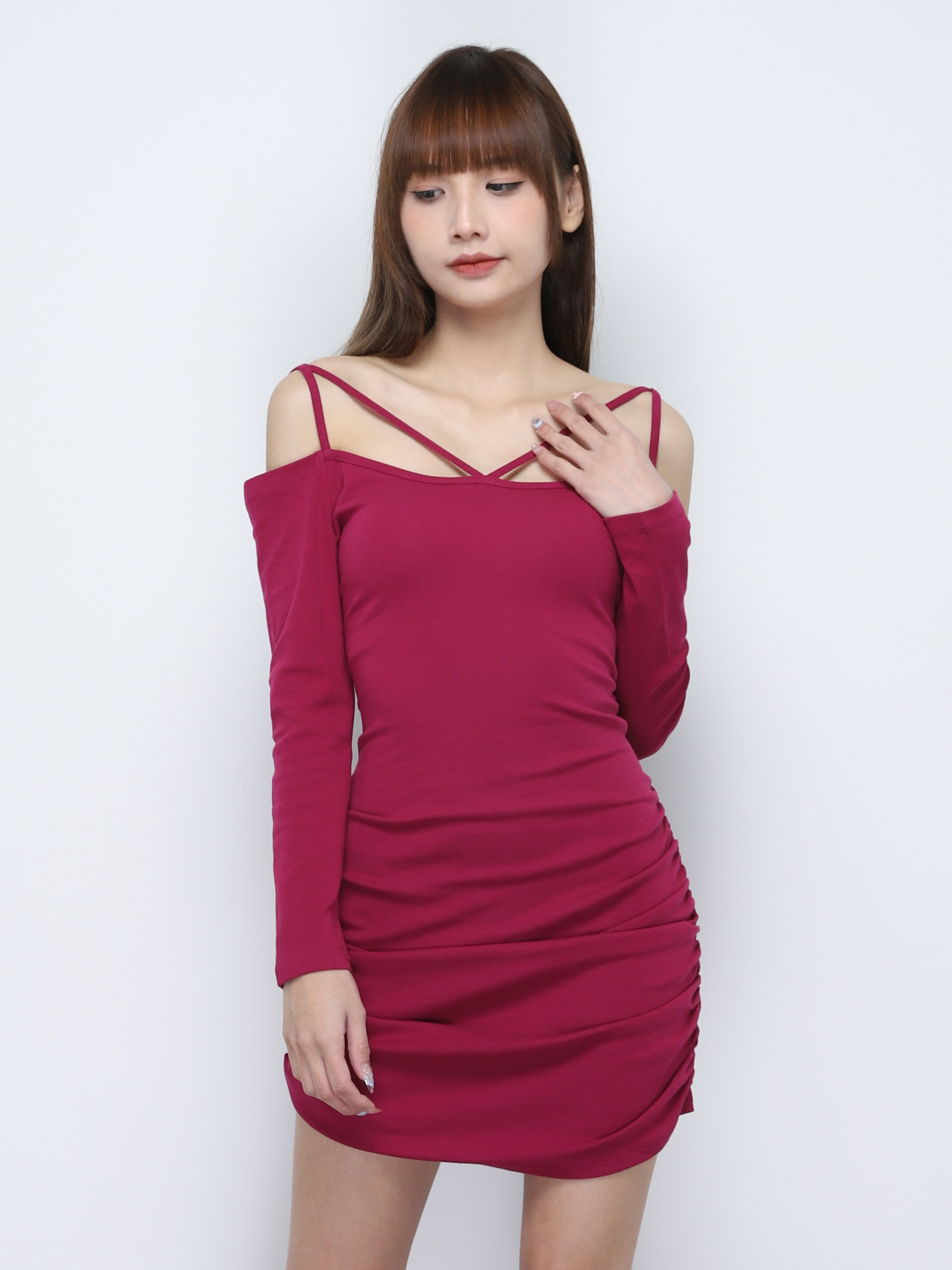 Off Shoulder With Strap And Side Pleated Dress 19960