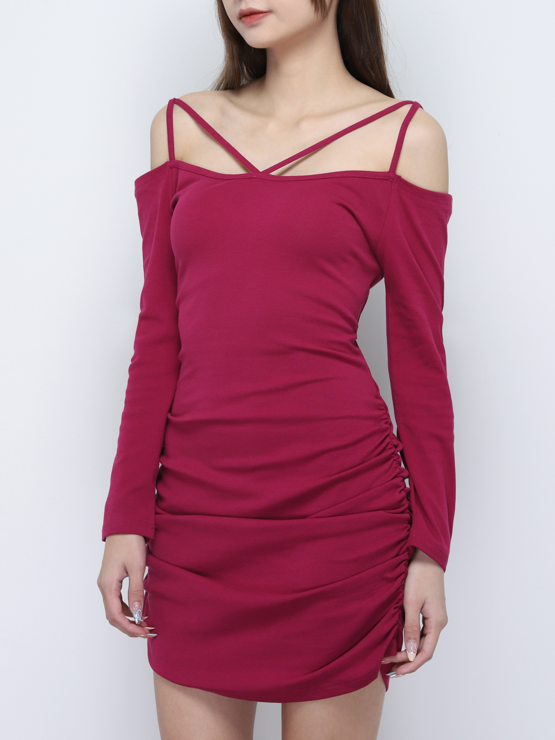 Off Shoulder With Strap And Side Pleated Dress 19960