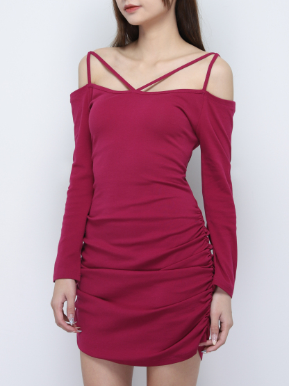 Off Shoulder With Strap And Side Pleated Dress 19960