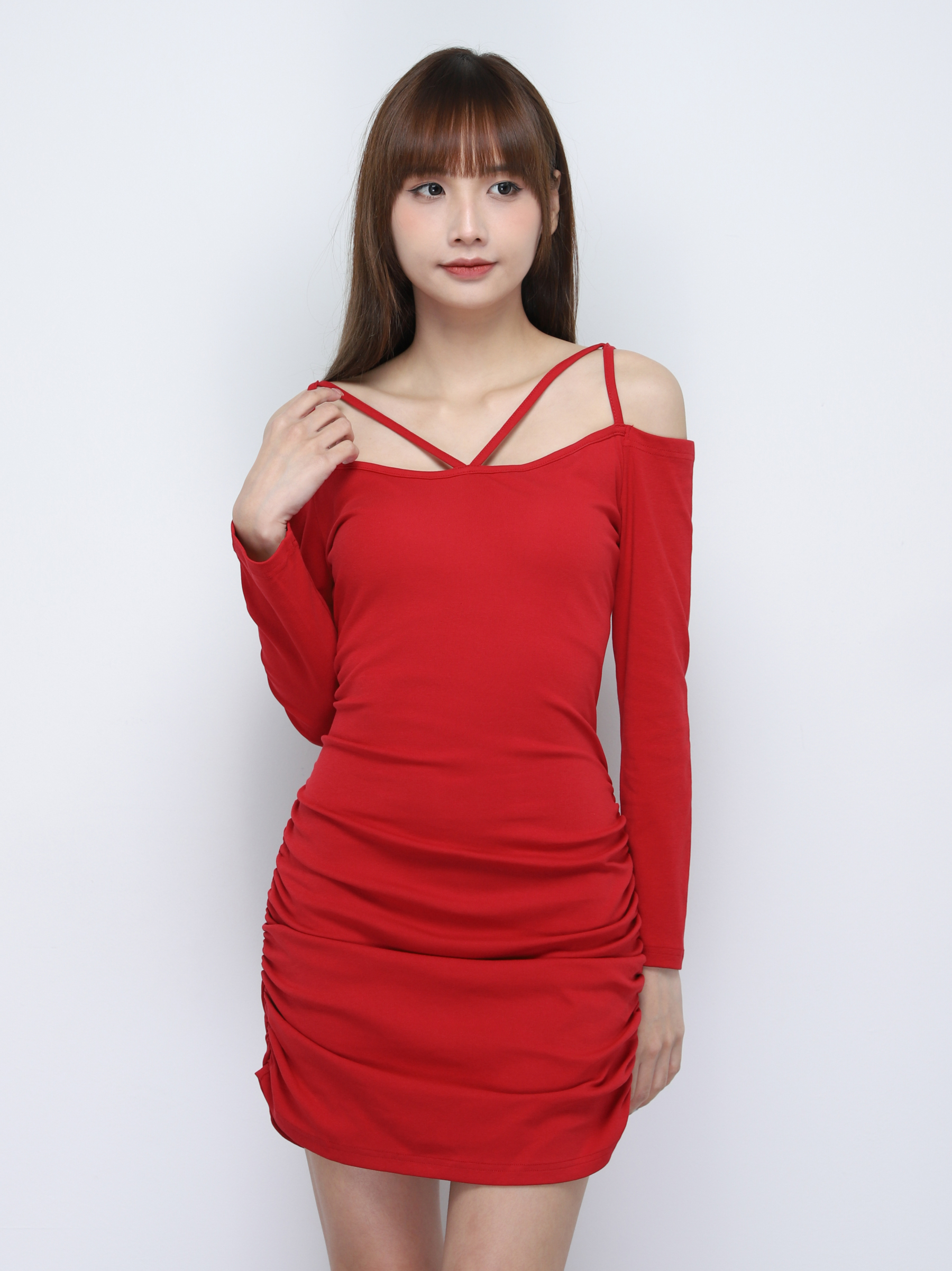 Off Shoulder With Strap And Side Pleated Dress 19960