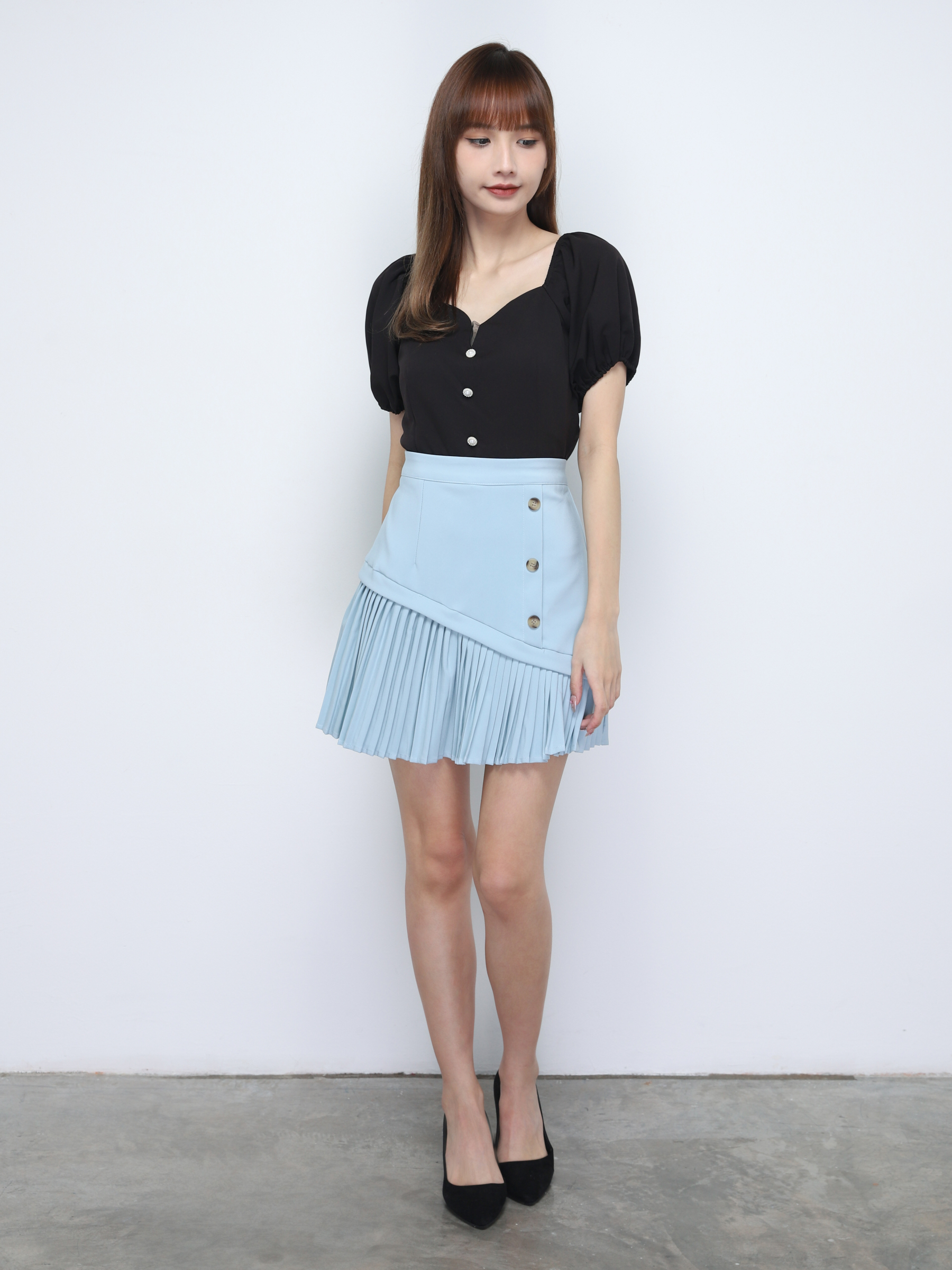 High Waist Side Decorative Button With Bottom Pleated Skirt 20170