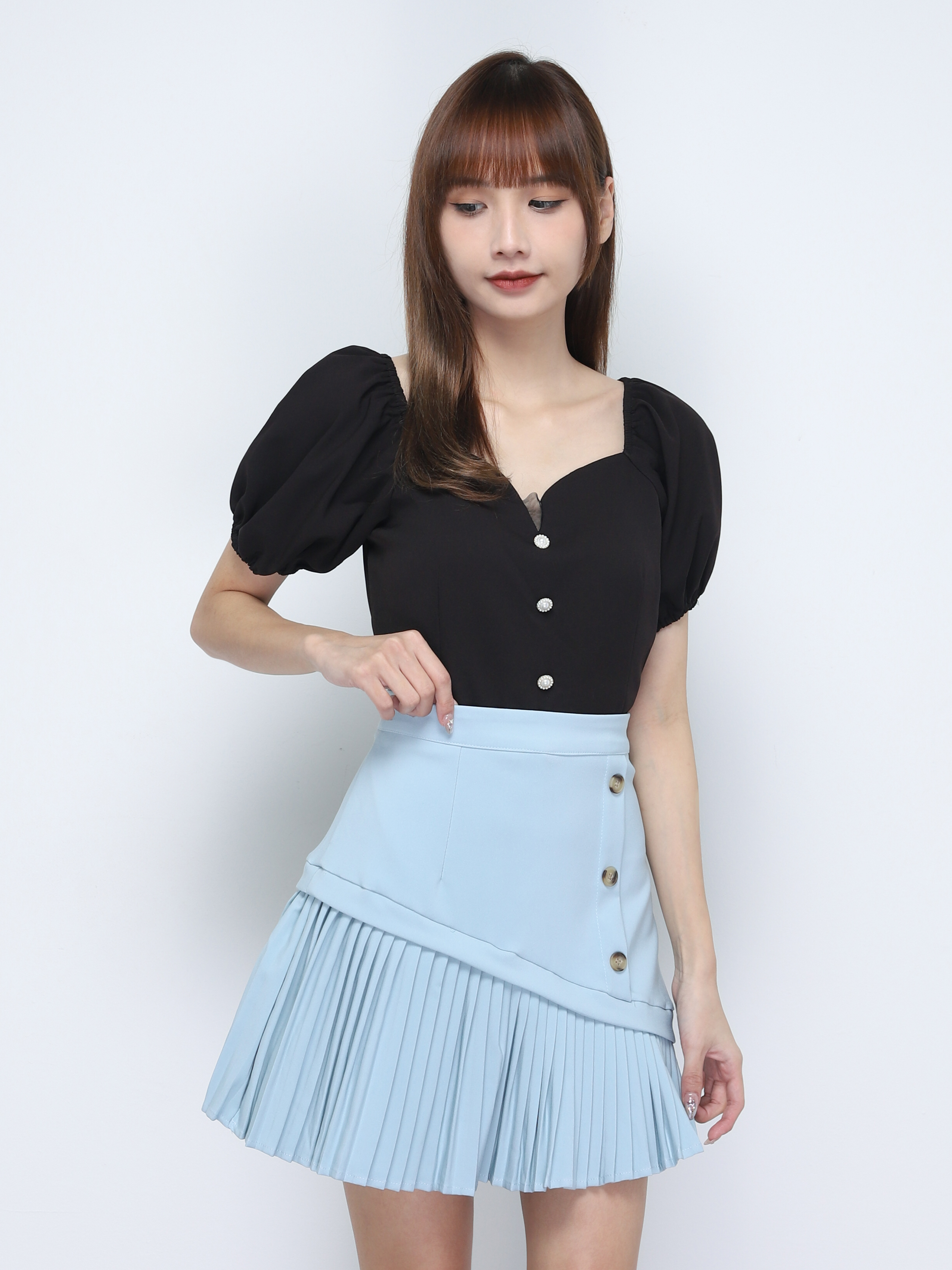 High Waist Side Decorative Button With Bottom Pleated Skirt 20170