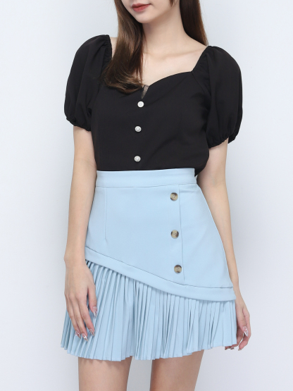 High Waist Side Decorative Button With Bottom Pleated Skirt 20170