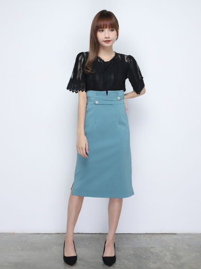 High Waist Pleated With Button Long Skirt 20059