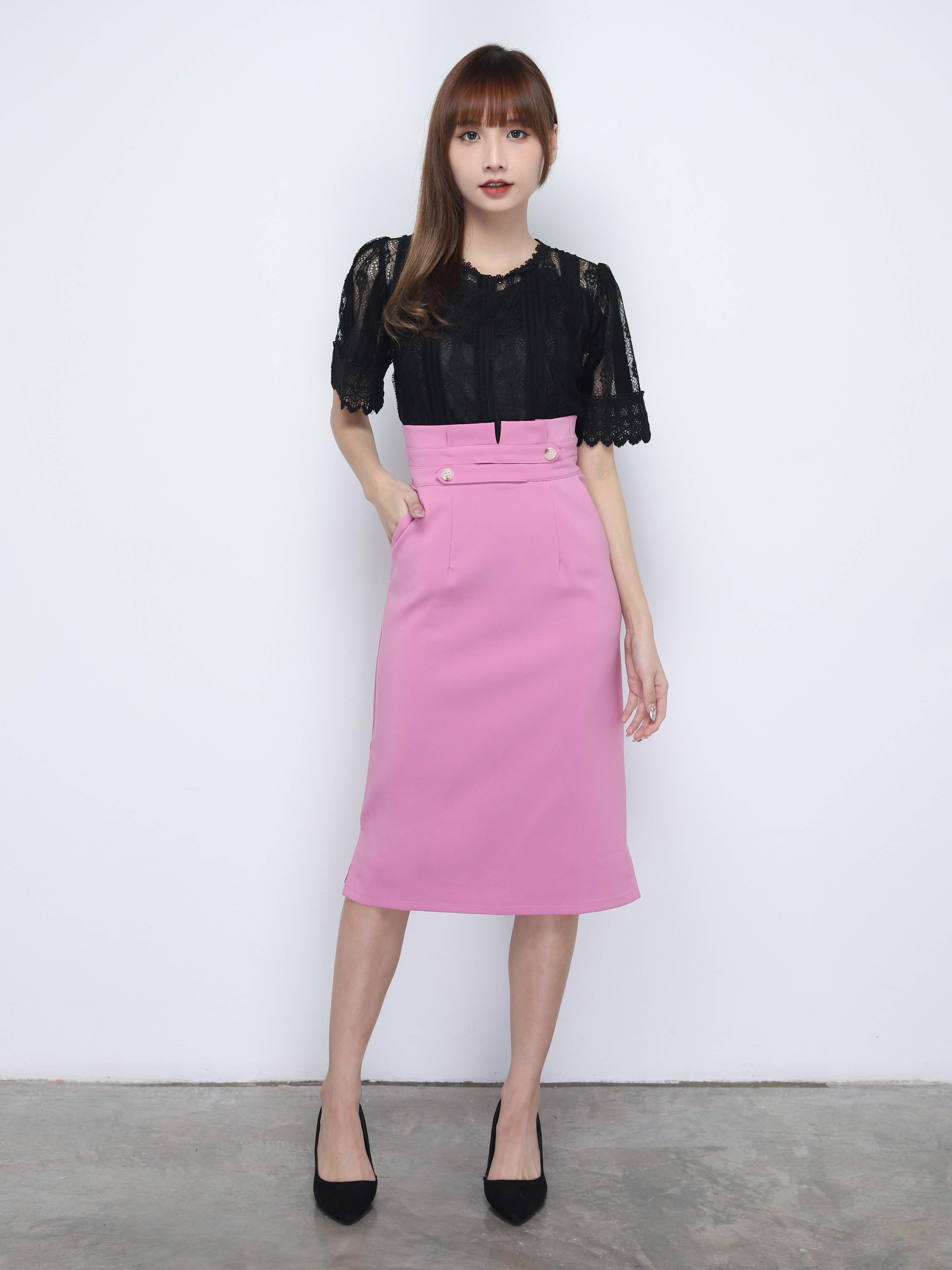 High Waist Pleated With Button Long Skirt 20059