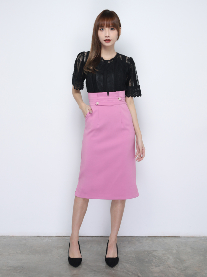 High Waist Pleated With Button Long Skirt 20059