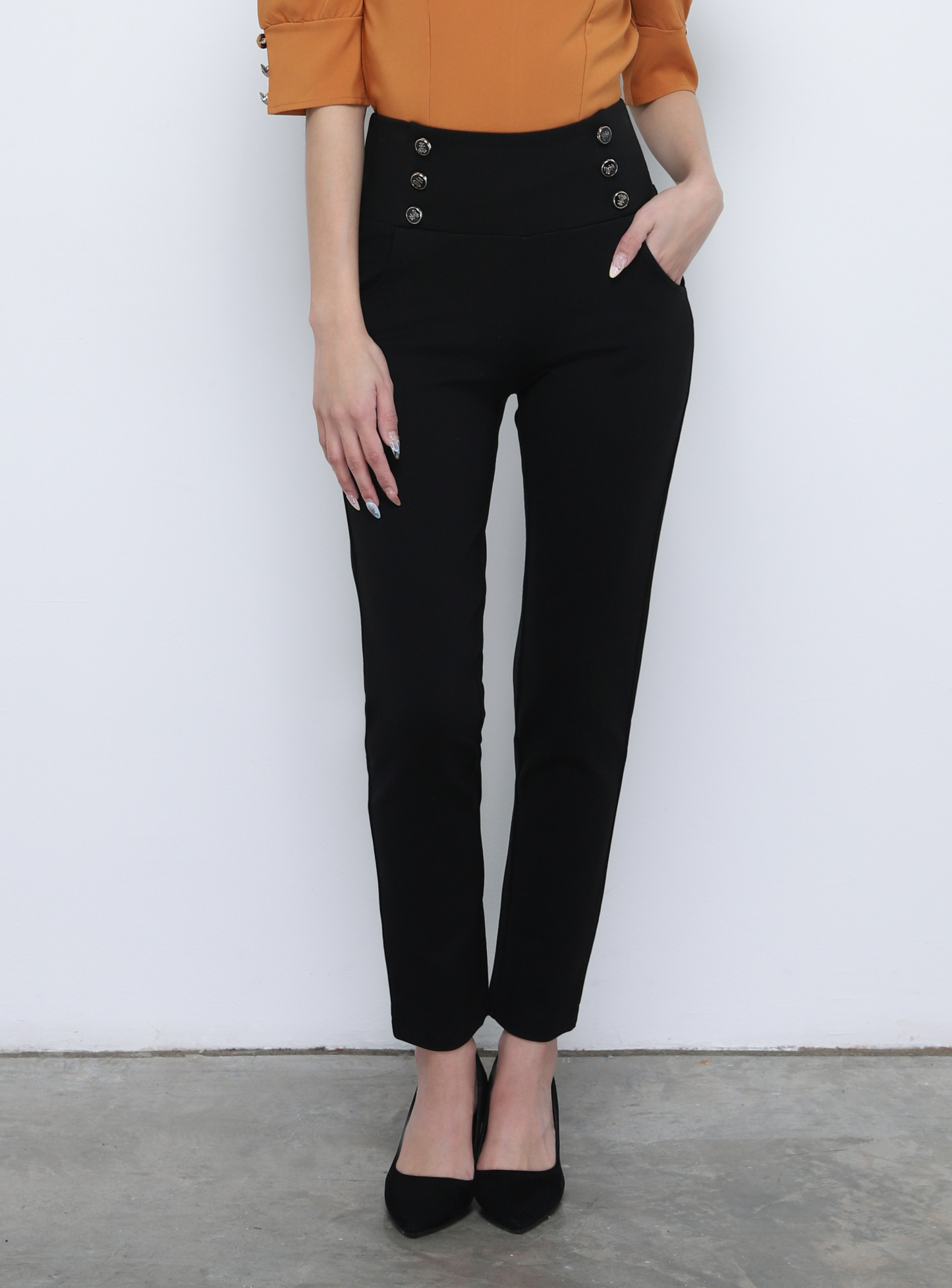 High Waist Straight Cut Long Pants With Decorative Button Long Pants 2