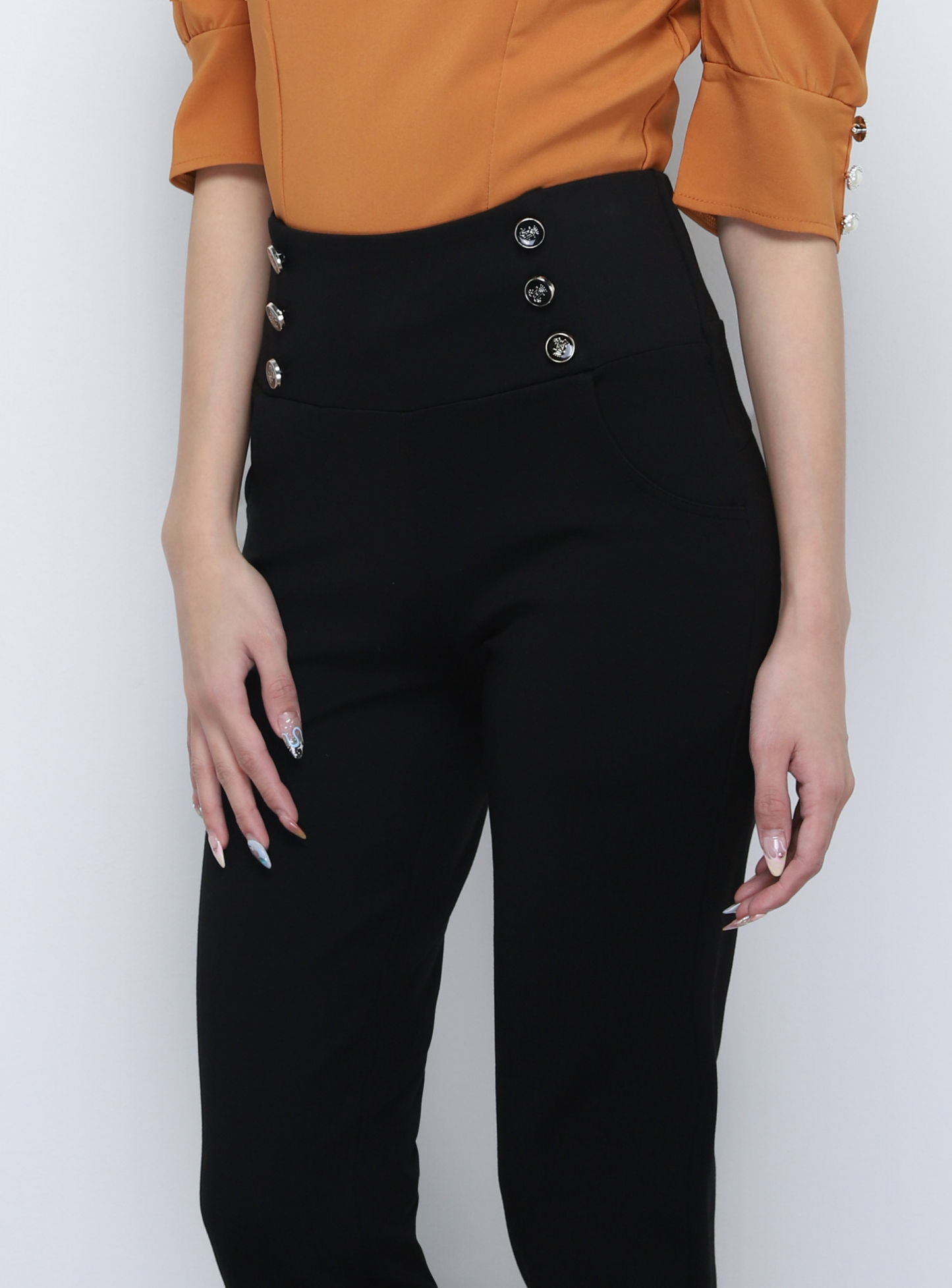 High Waist Straight Cut Long Pants With Decorative Button Long Pants 20115