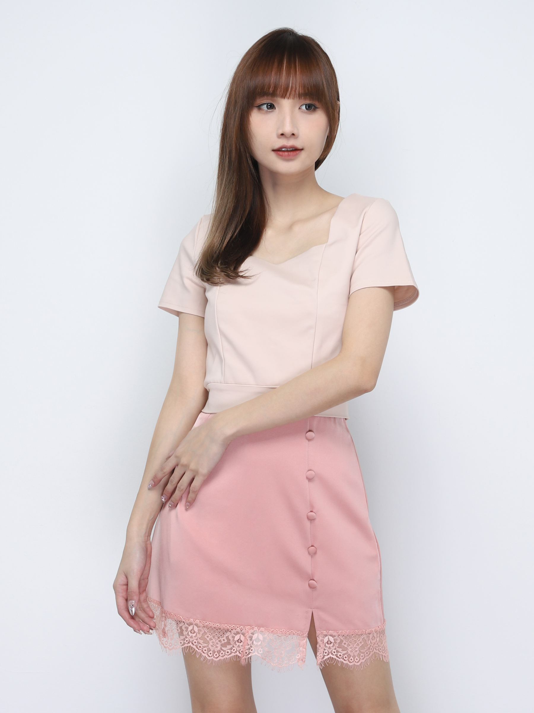 Square Neck Top With Side Decorative Button With Lace Bottom Set 20156