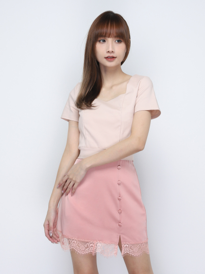 Square Neck Top With Side Decorative Button With Lace Bottom Set 20156