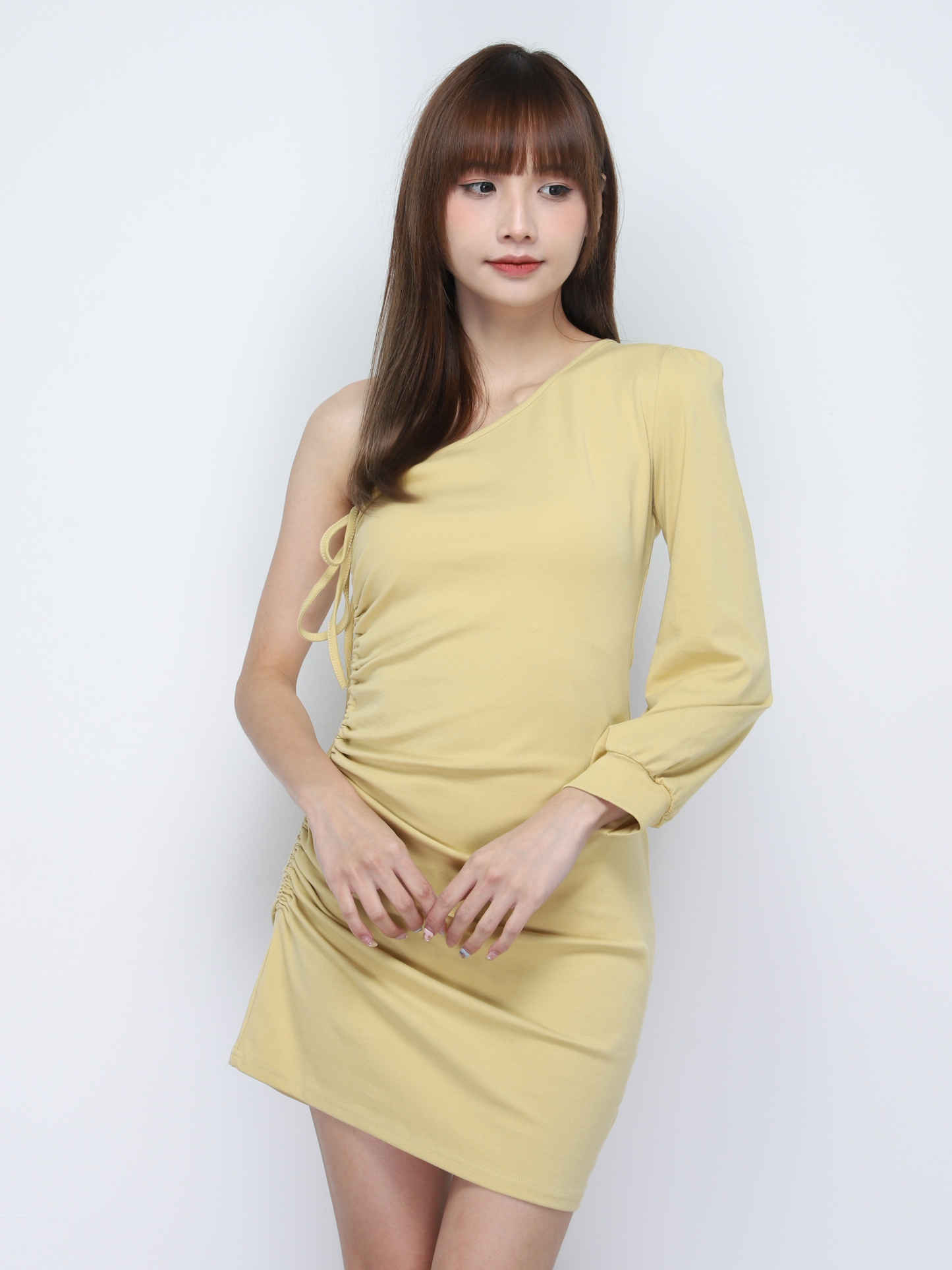 One Side Sleeveless With One Side Long Sleeve With Drawstring Dress 20167