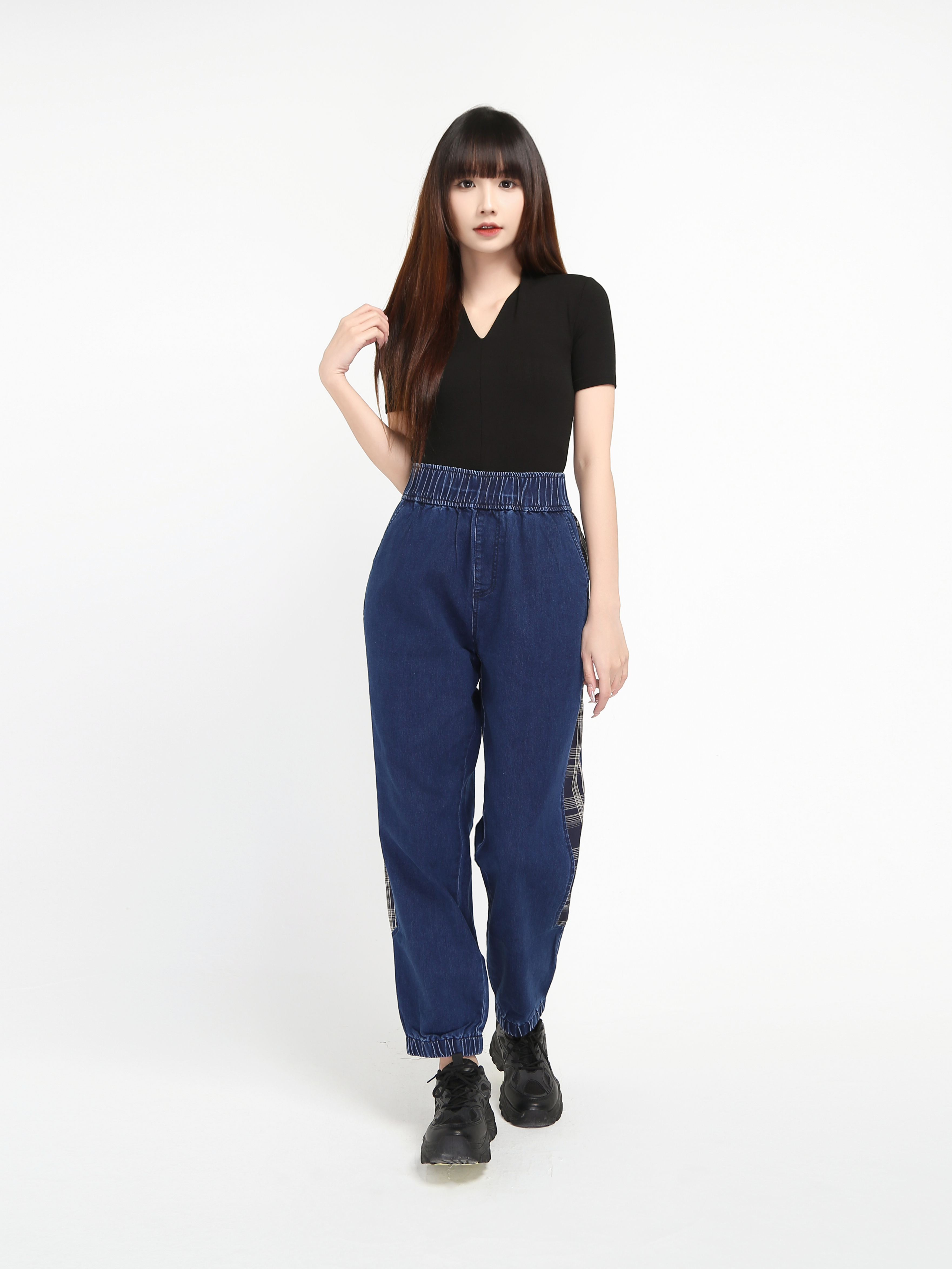 Waist Strechable Checker Denim Long Pant 20228