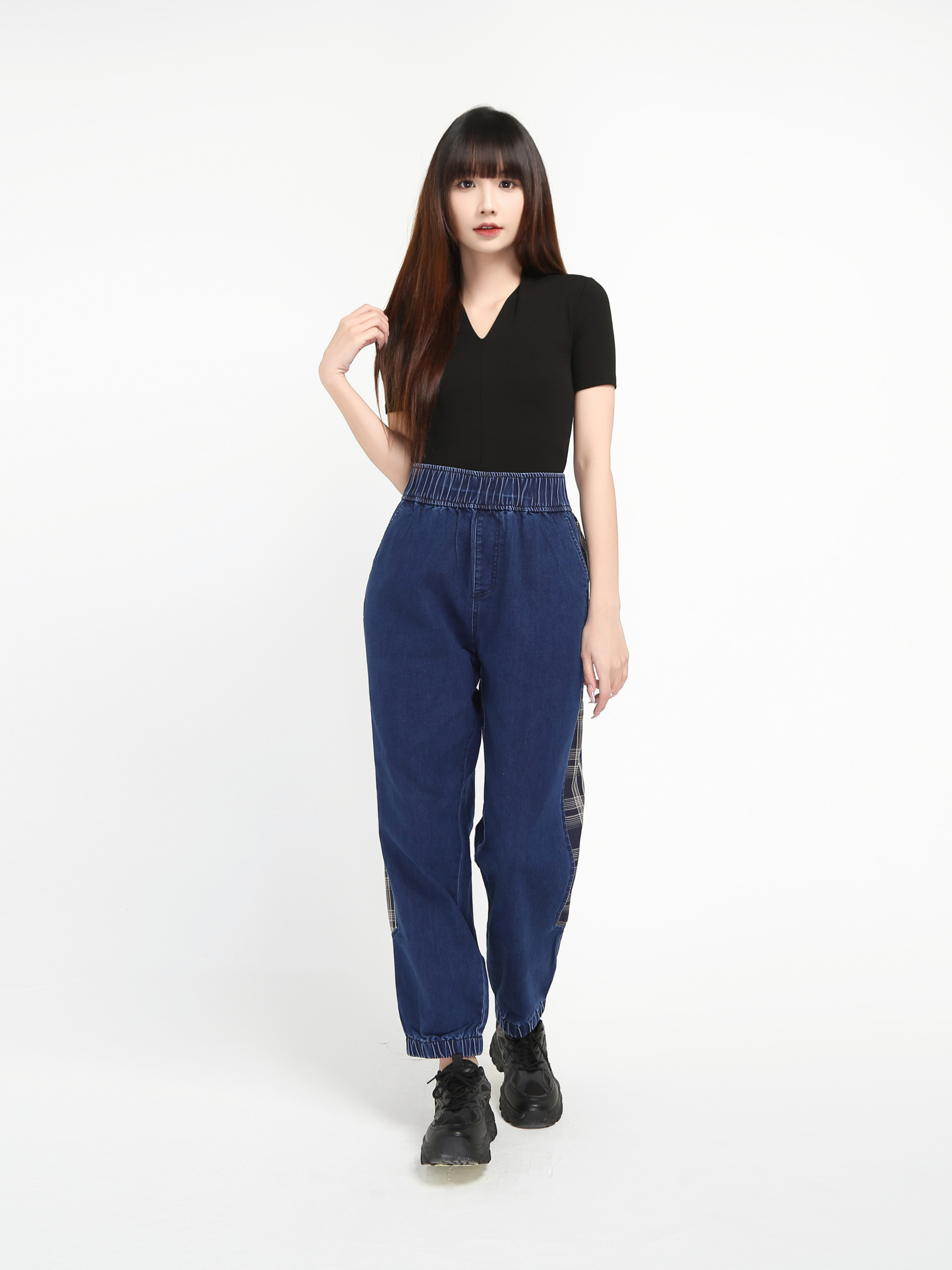 Waist Strechable Checker Denim Long Pant 20228